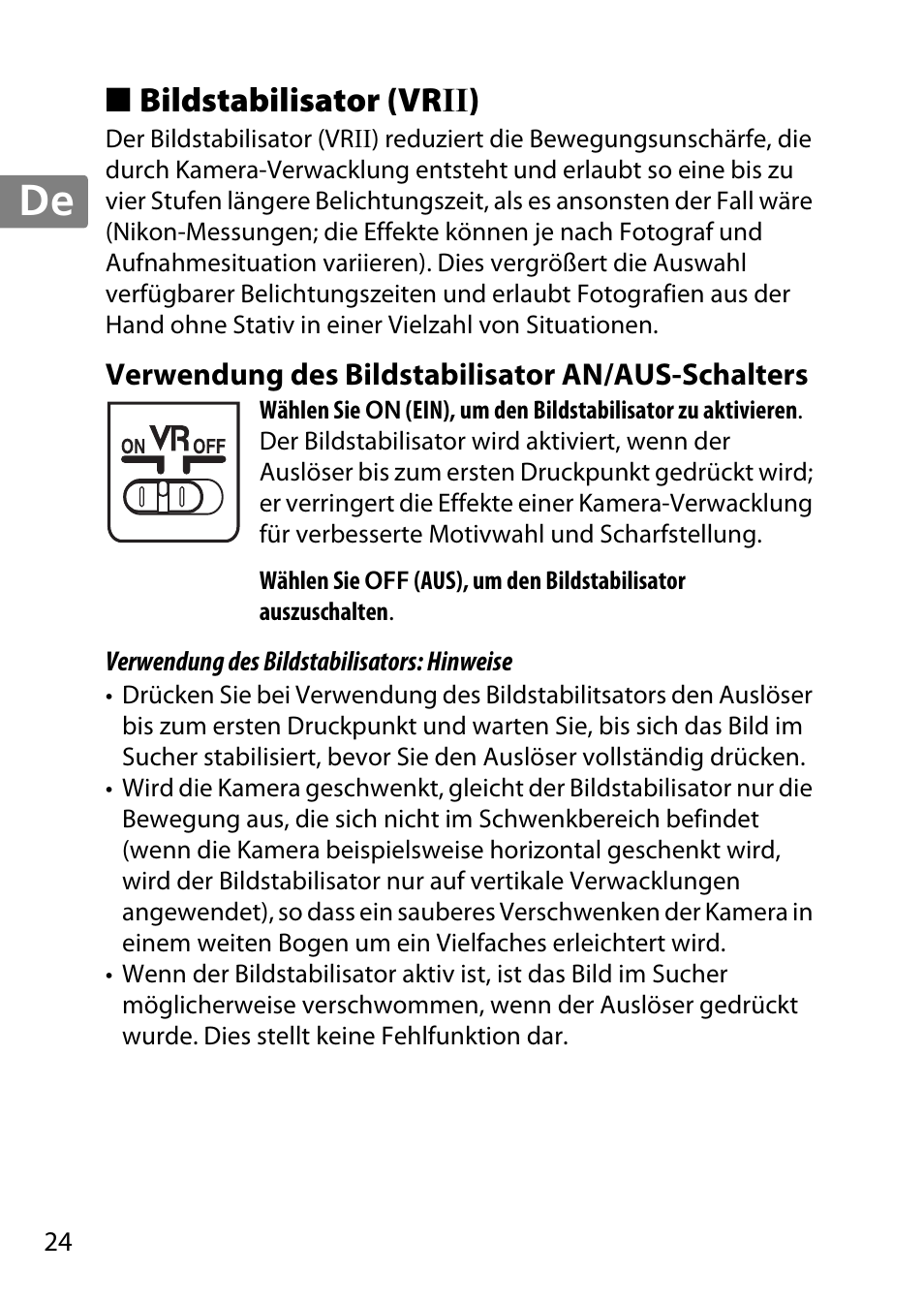 Bildstabilisator (vrii), Verwendung des bildstabilisator an/aus-schalters, Jp en de fr es sv ru nl it cz sk ro ua ck ch kr | Nikon 55-300 User Manual | Page 24 / 140