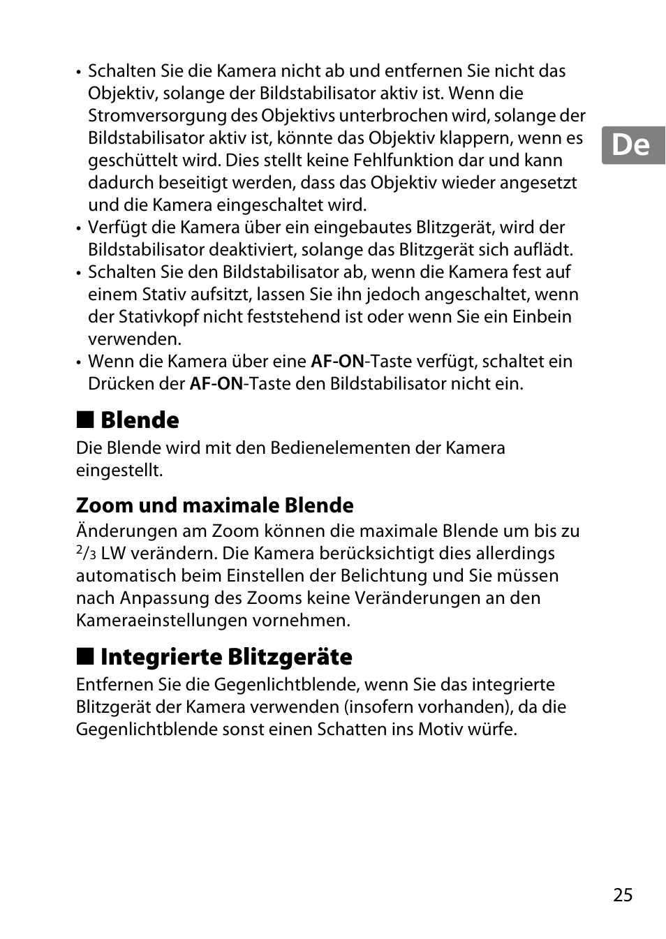 Blende, Zoom und maximale blende, Integrierte blitzgeräte | Jp en de fr es sv ru nl it cz sk ro ua ck ch kr | Nikon 55-300 User Manual | Page 25 / 140