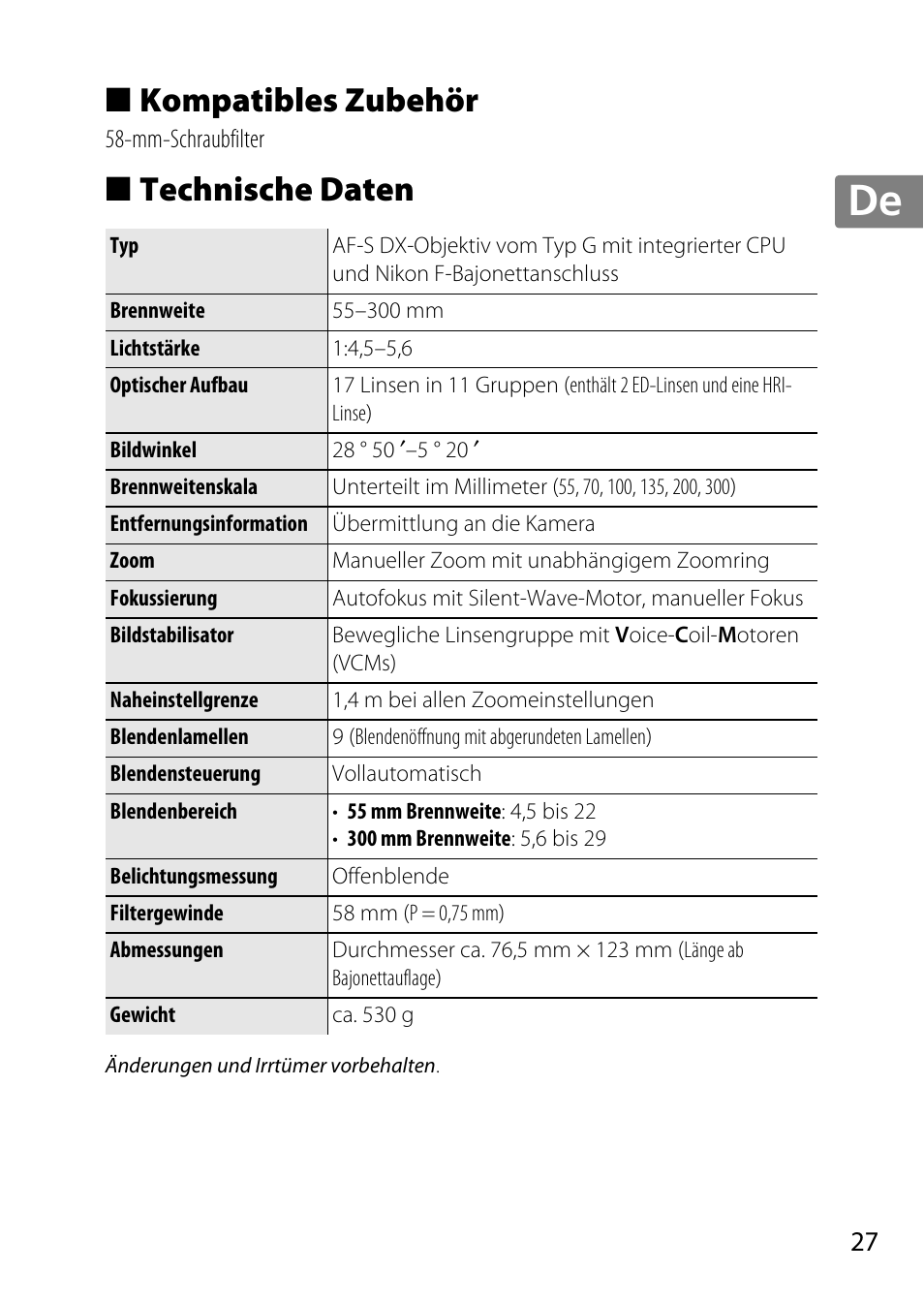 Kompatibles zubehör, Technische daten, Jp en de fr es sv ru nl it cz sk ro ua ck ch kr | Nikon 55-300 User Manual | Page 27 / 140