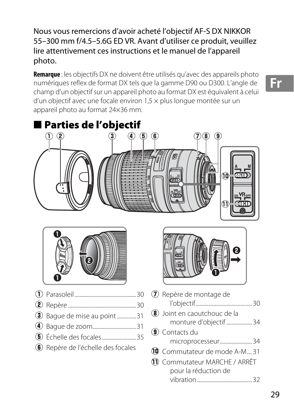 Parties de l’objectif, Jp en de fr es sv ru nl it cz sk ro ua ck ch kr | Nikon 55-300 User Manual | Page 29 / 140