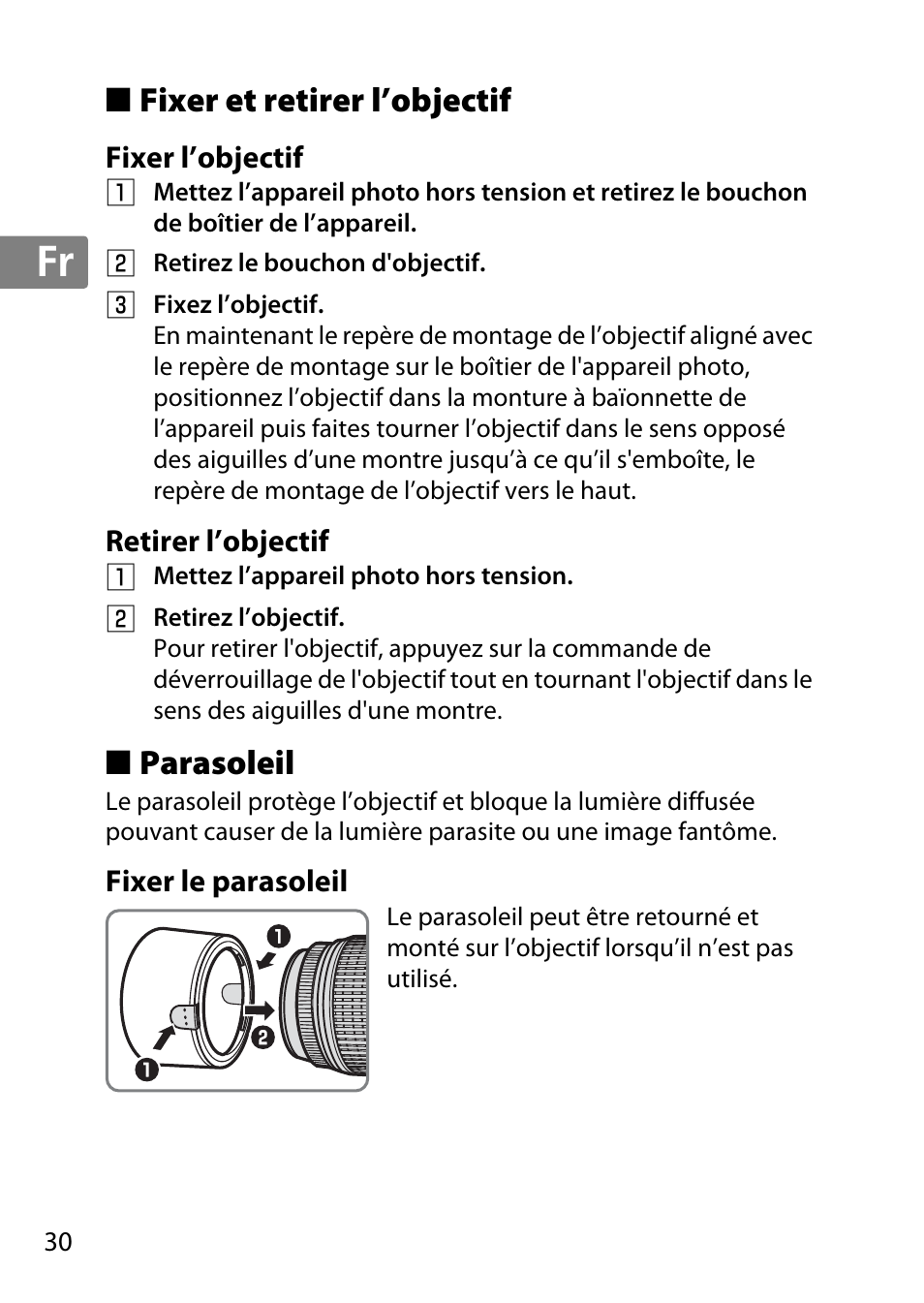 Fixer et retirer l’objectif, Fixer l’objectif, Retirer l’objectif | Parasoleil, Fixer le parasoleil, Jp en de fr es sv ru nl it cz sk ro ua ck ch kr | Nikon 55-300 User Manual | Page 30 / 140