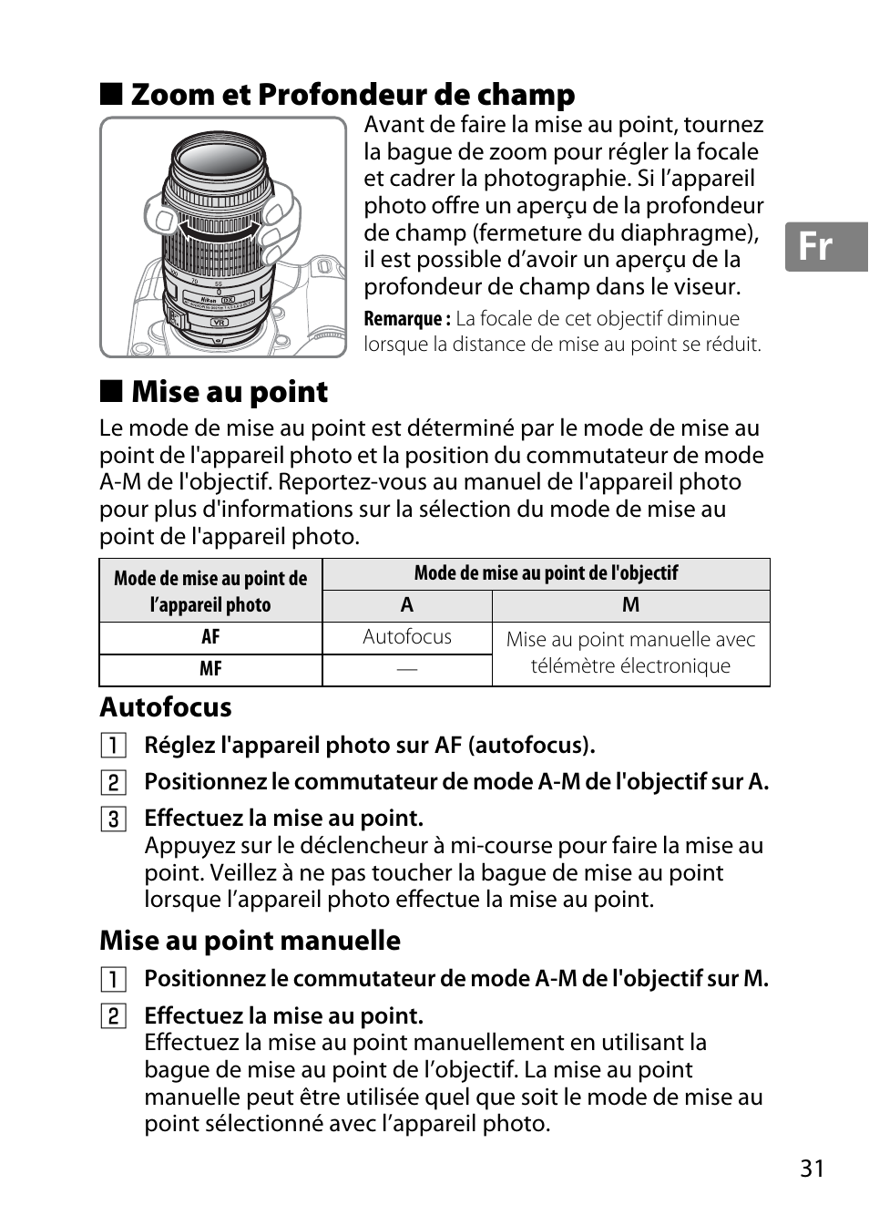 Zoom et profondeur de champ, Mise au point, Autofocus | Mise au point manuelle, Jp en de fr es sv ru nl it cz sk ro ua ck ch kr, Zoom et profondeur de champ ■ mise au point, Autofocus mise au point manuelle | Nikon 55-300 User Manual | Page 31 / 140