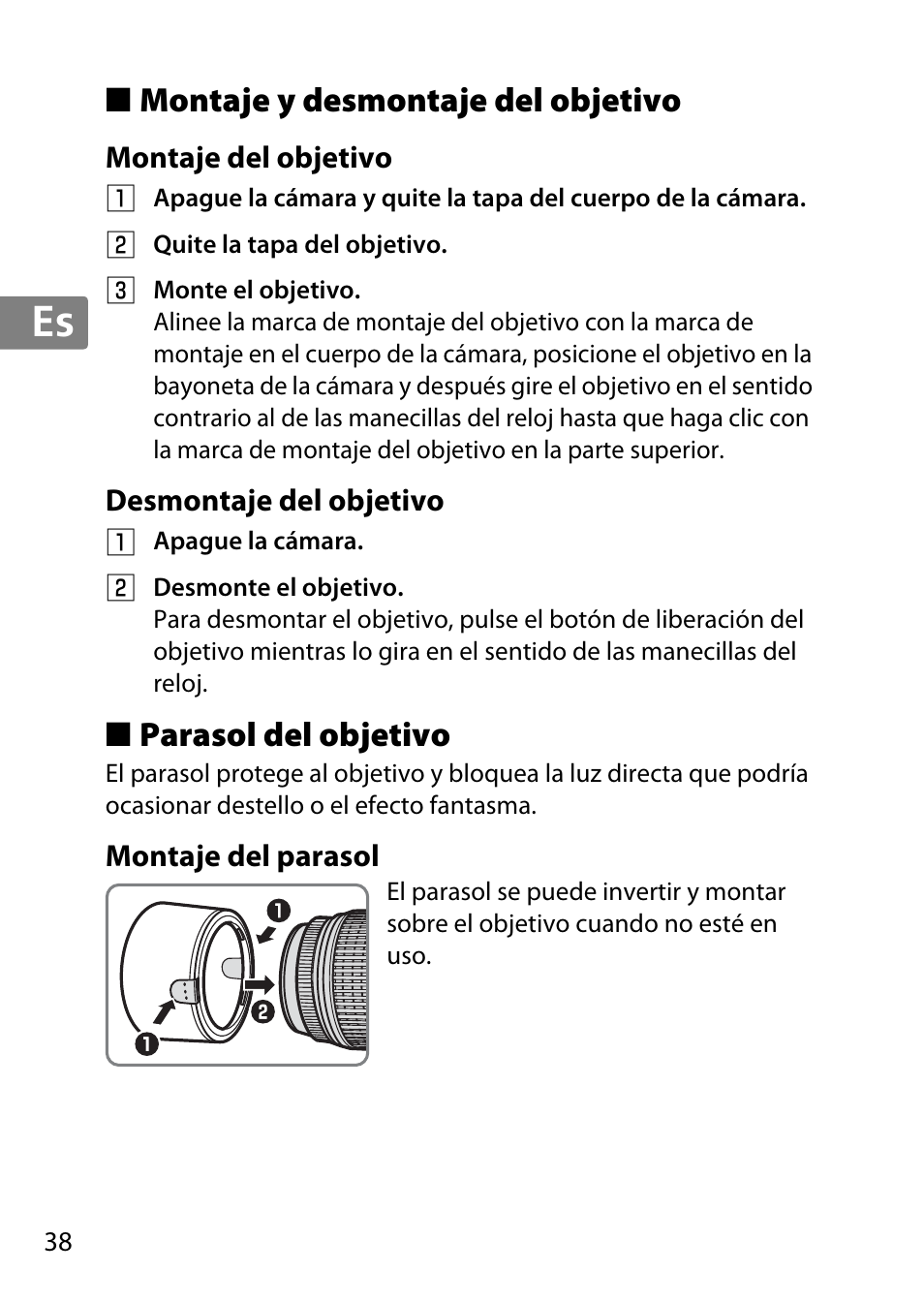 Montaje y desmontaje del objetivo, Montaje del objetivo, Desmontaje del objetivo | Parasol del objetivo, Montaje del parasol, Jp en de fr es sv ru nl it cz sk ro ua ck ch kr | Nikon 55-300 User Manual | Page 38 / 140
