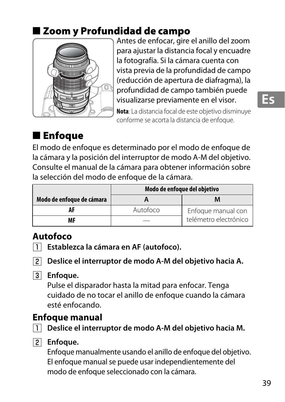 Zoom y profundidad de campo, Enfoque, Autofoco | Enfoque manual, Jp en de fr es sv ru nl it cz sk ro ua ck ch kr, Zoom y profundidad de campo ■ enfoque, Autofoco enfoque manual | Nikon 55-300 User Manual | Page 39 / 140