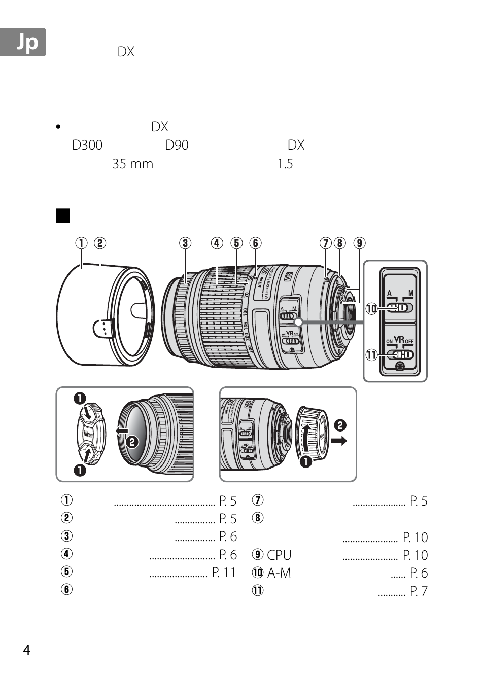 各部の名称, Jp en de fr es sv ru nl it cz sk ro ua ck ch kr | Nikon 55-300 User Manual | Page 4 / 140