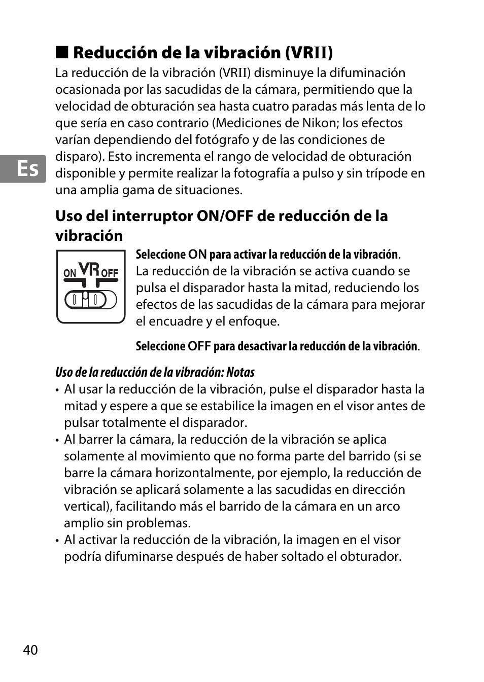 Reducción de la vibración (vrii), Jp en de fr es sv ru nl it cz sk ro ua ck ch kr | Nikon 55-300 User Manual | Page 40 / 140