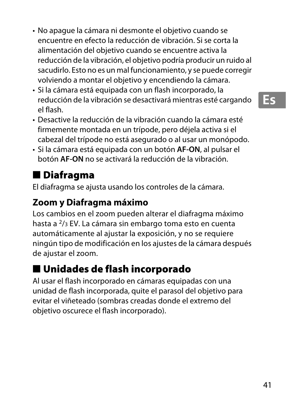 Diafragma, Zoom y diafragma máximo, Unidades de flash incorporado | Jp en de fr es sv ru nl it cz sk ro ua ck ch kr | Nikon 55-300 User Manual | Page 41 / 140