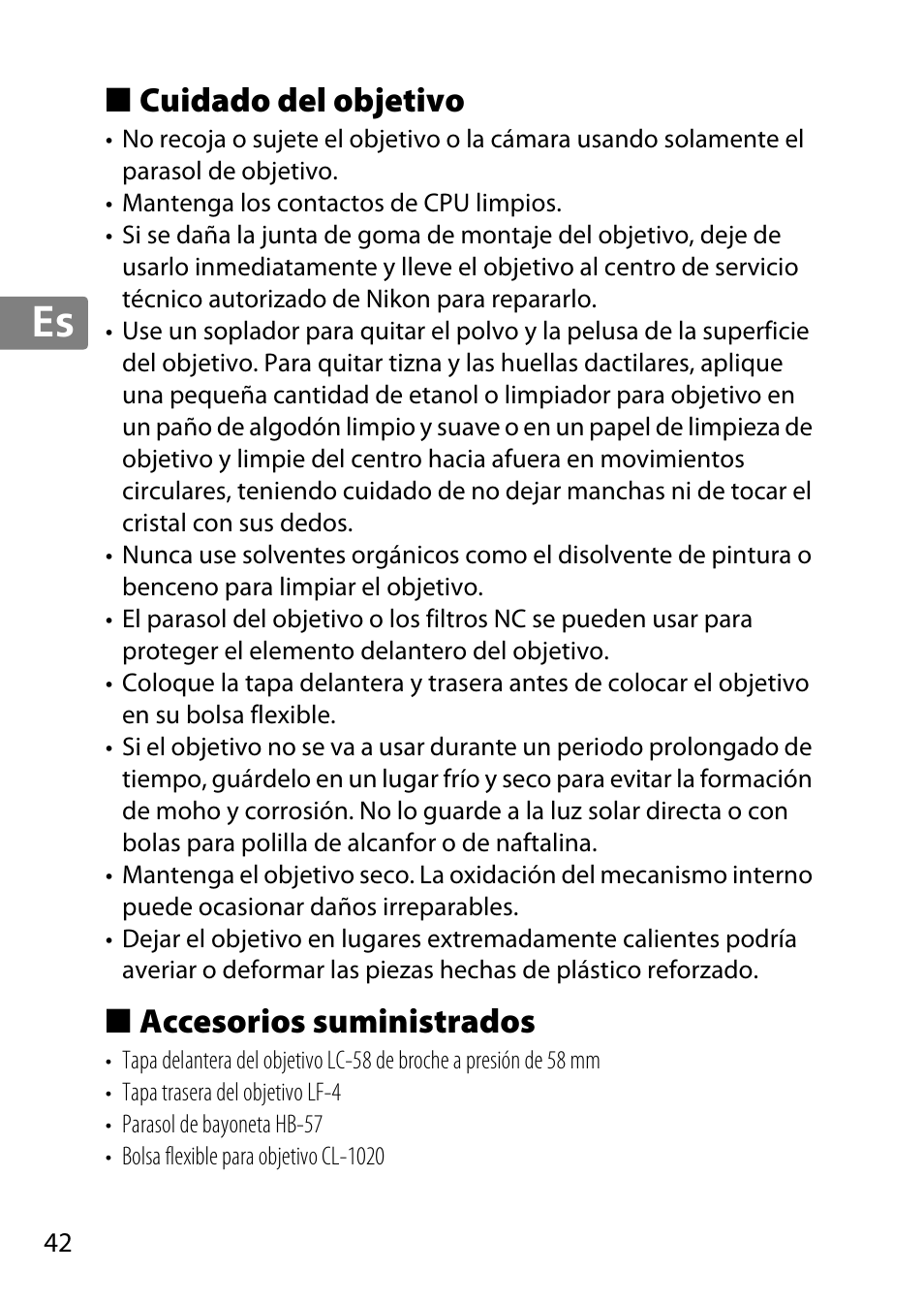 Cuidado del objetivo, Accesorios suministrados, Jp en de fr es sv ru nl it cz sk ro ua ck ch kr | Nikon 55-300 User Manual | Page 42 / 140