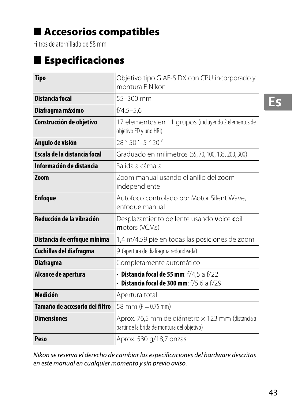 Accesorios compatibles, Especificaciones, Jp en de fr es sv ru nl it cz sk ro ua ck ch kr | Nikon 55-300 User Manual | Page 43 / 140