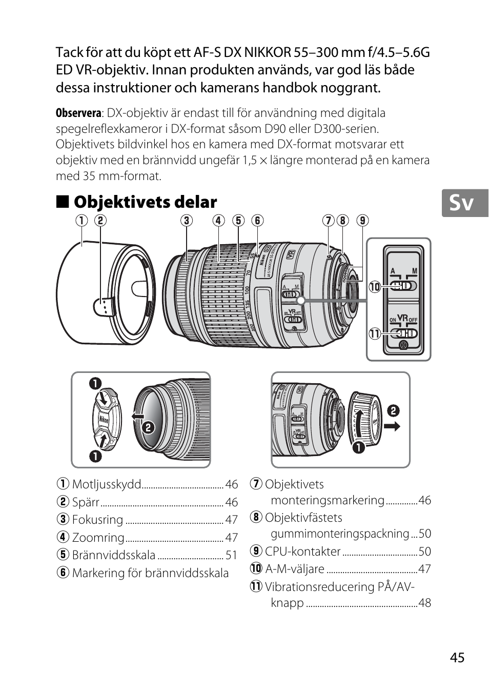 Objektivets delar, Jp en de fr es sv ru nl it cz sk ro ua ck ch kr | Nikon 55-300 User Manual | Page 45 / 140
