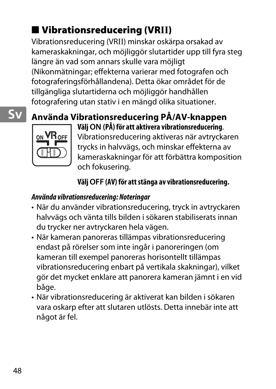 Vibrationsreducering (vrii), Använda vibrationsreducering på/av-knappen, Jp en de fr es sv ru nl it cz sk ro ua ck ch kr | Nikon 55-300 User Manual | Page 48 / 140
