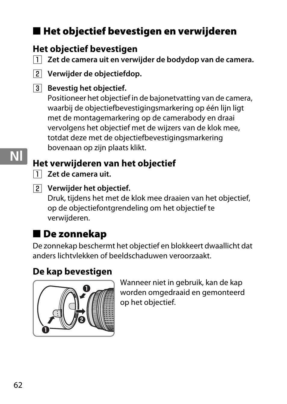 Het objectief bevestigen en verwijderen, Het objectief bevestigen, Het verwijderen van het objectief | De zonnekap, De kap bevestigen, Jp en de fr es sv ru nl it cz sk ro ua ck ch kr | Nikon 55-300 User Manual | Page 62 / 140
