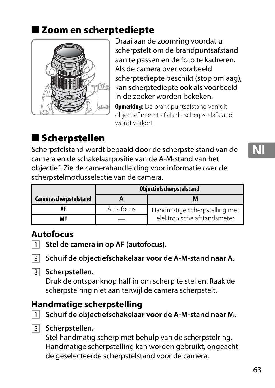 Zoom en scherptediepte, Scherpstellen, Autofocus | Handmatige scherpstelling, Jp en de fr es sv ru nl it cz sk ro ua ck ch kr, Zoom en scherptediepte ■ scherpstellen, Autofocus handmatige scherpstelling | Nikon 55-300 User Manual | Page 63 / 140