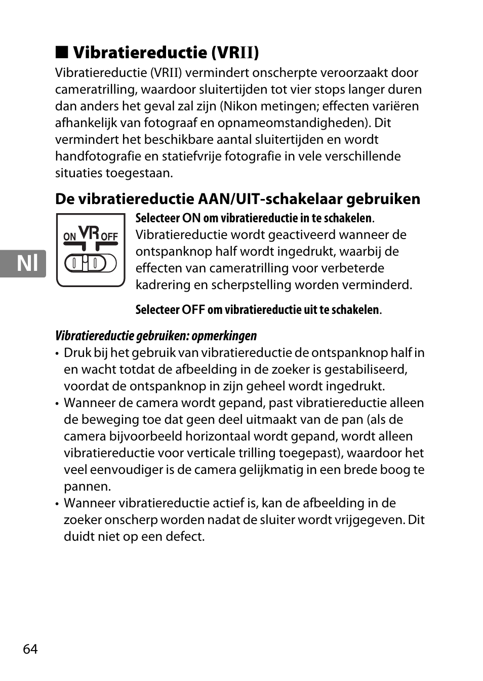 Vibratiereductie (vrii), De vibratiereductie aan/uit-schakelaar gebruiken, Jp en de fr es sv ru nl it cz sk ro ua ck ch kr | Nikon 55-300 User Manual | Page 64 / 140
