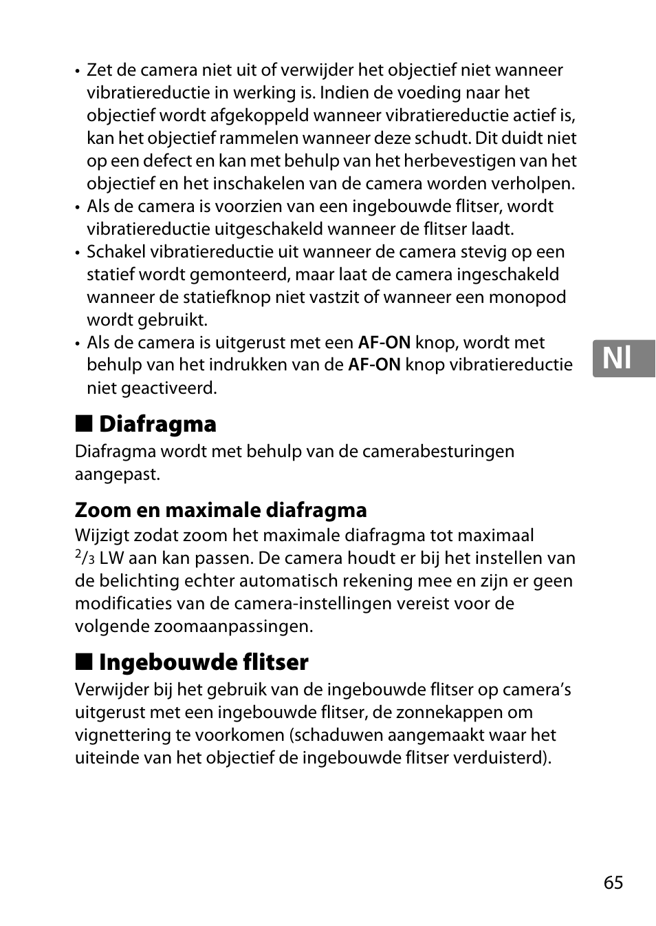 Diafragma, Zoom en maximale diafragma, Ingebouwde flitser | Jp en de fr es sv ru nl it cz sk ro ua ck ch kr | Nikon 55-300 User Manual | Page 65 / 140