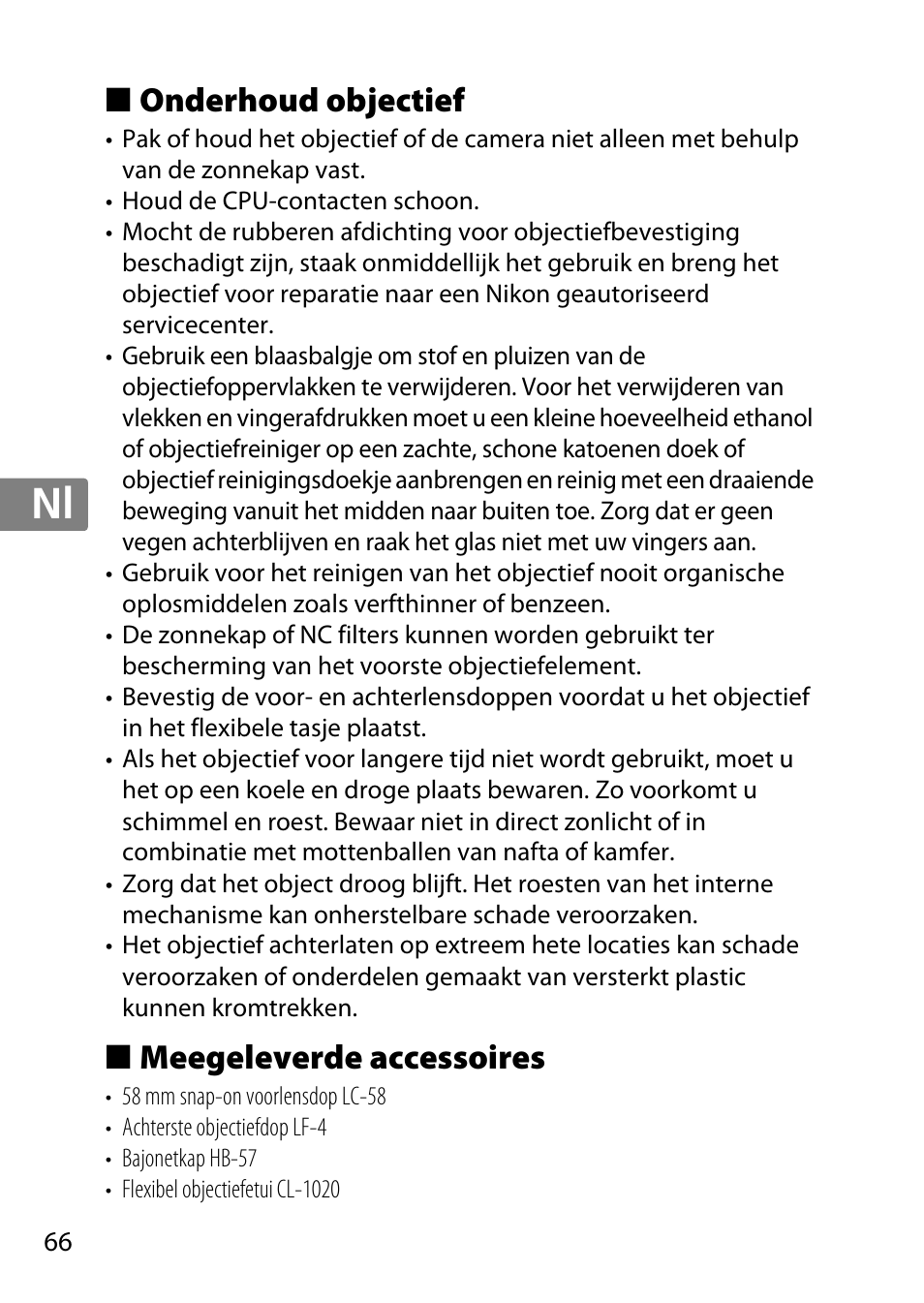 Onderhoud objectief, Meegeleverde accessoires, Jp en de fr es sv ru nl it cz sk ro ua ck ch kr | Nikon 55-300 User Manual | Page 66 / 140