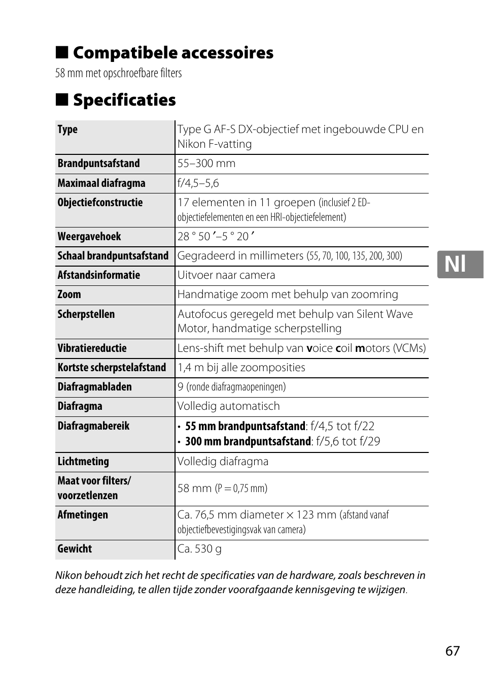Compatibele accessoires, Specificaties, Jp en de fr es sv ru nl it cz sk ro ua ck ch kr | Nikon 55-300 User Manual | Page 67 / 140