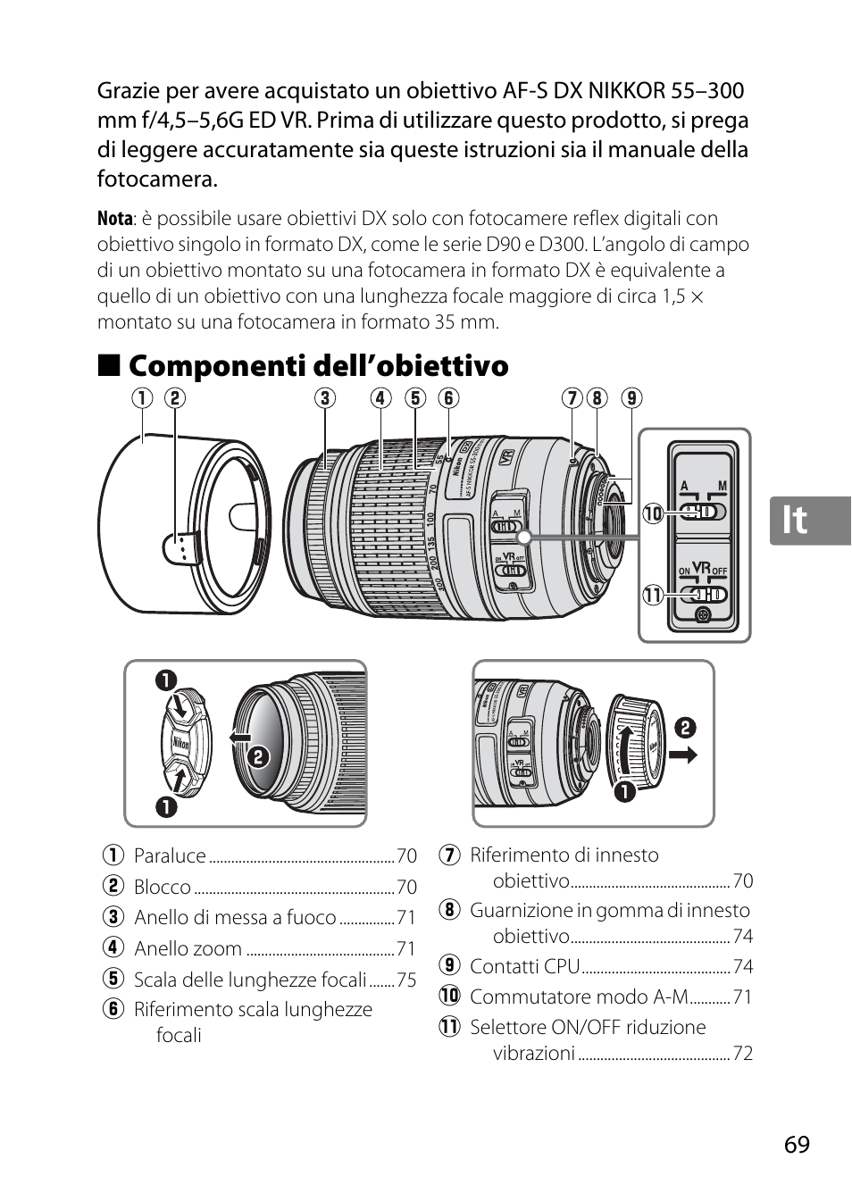 Componenti dell’obiettivo, Jp en de fr es sv ru nl it cz sk ro ua ck ch kr | Nikon 55-300 User Manual | Page 69 / 140