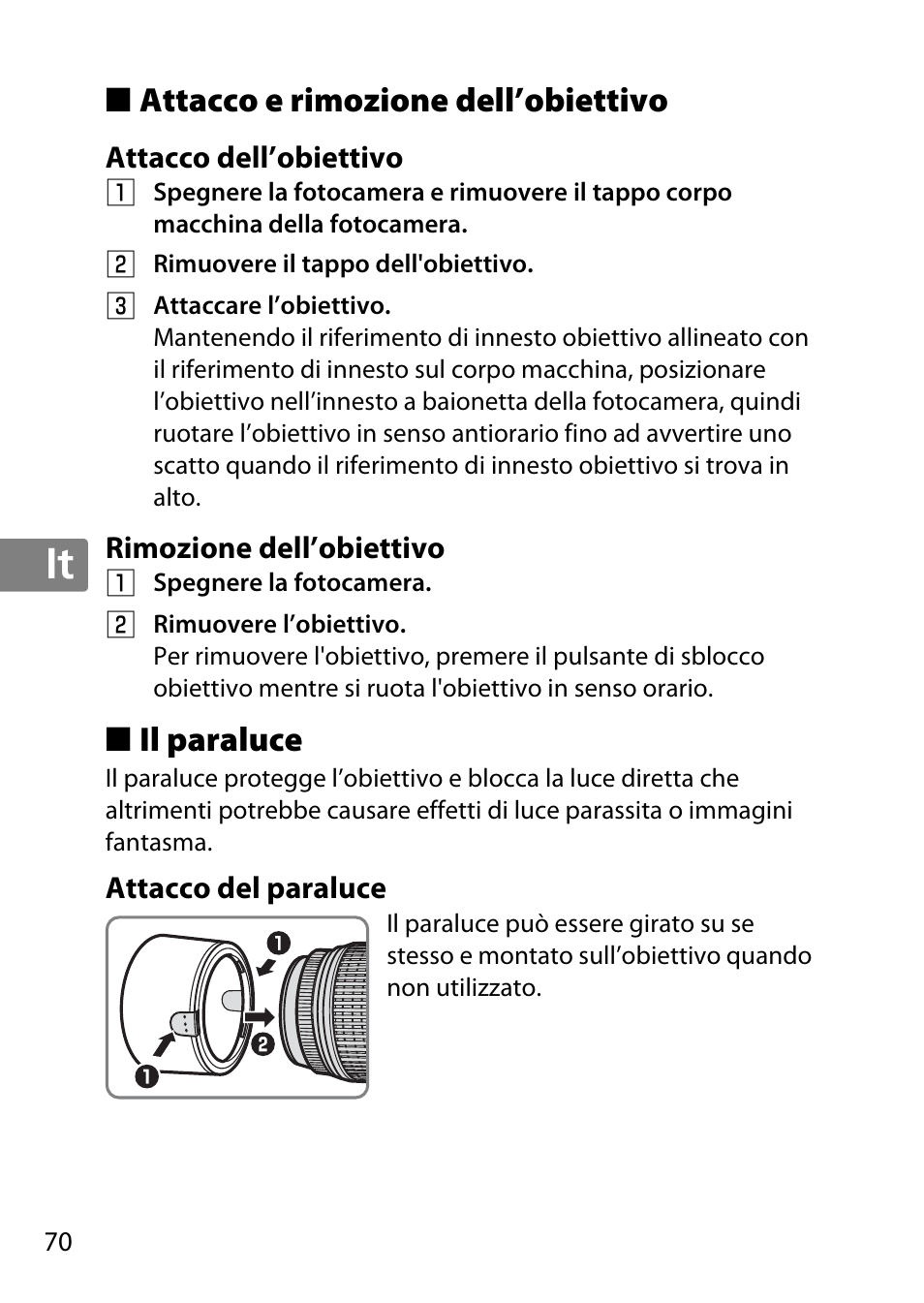 Attacco e rimozione dell’obiettivo, Attacco dell’obiettivo, Rimozione dell’obiettivo | Il paraluce, Attacco del paraluce, Jp en de fr es sv ru nl it cz sk ro ua ck ch kr | Nikon 55-300 User Manual | Page 70 / 140