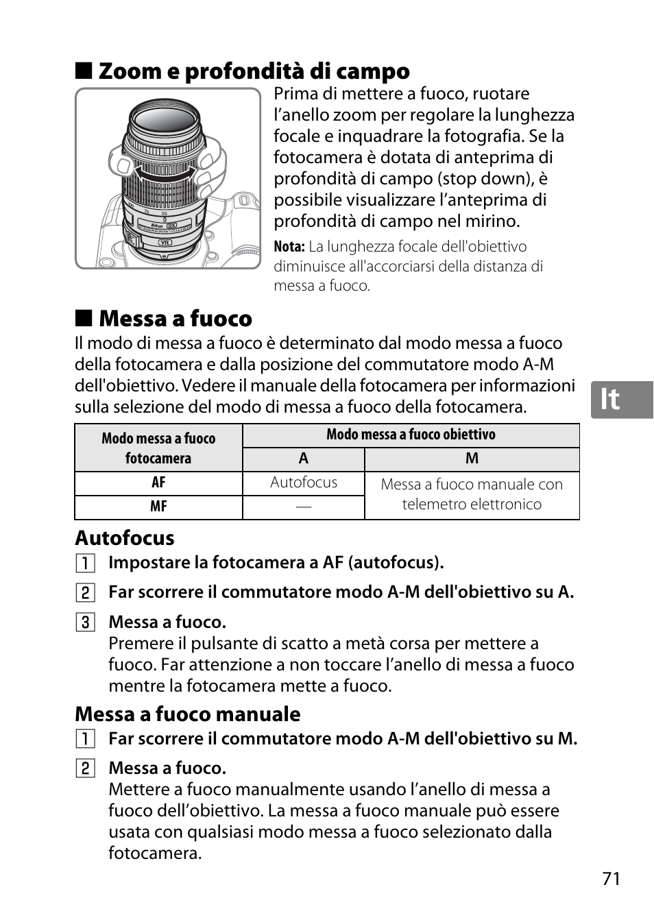 Zoom e profondità di campo, Messa a fuoco, Autofocus | Messa a fuoco manuale, Jp en de fr es sv ru nl it cz sk ro ua ck ch kr, Zoom e profondità di campo ■ messa a fuoco, Autofocus messa a fuoco manuale | Nikon 55-300 User Manual | Page 71 / 140