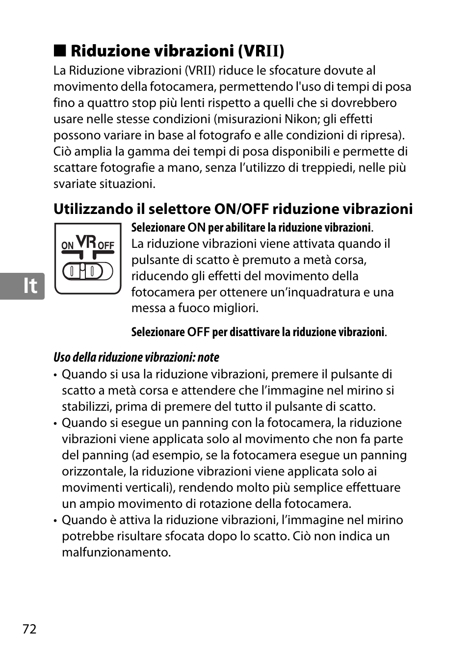 Riduzione vibrazioni (vrii), Jp en de fr es sv ru nl it cz sk ro ua ck ch kr | Nikon 55-300 User Manual | Page 72 / 140