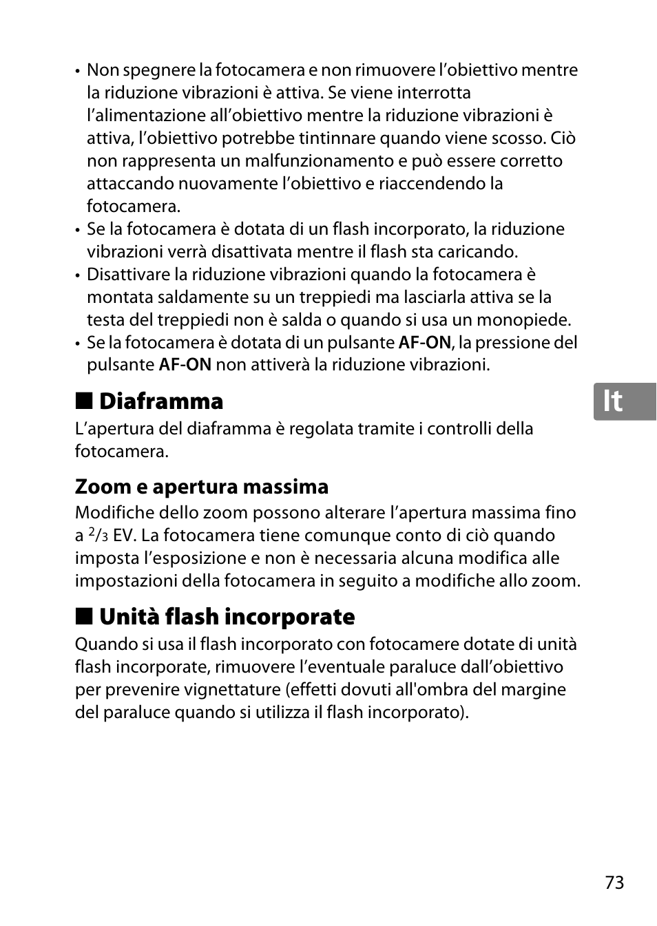 Diaframma, Zoom e apertura massima, Unità flash incorporate | Jp en de fr es sv ru nl it cz sk ro ua ck ch kr | Nikon 55-300 User Manual | Page 73 / 140