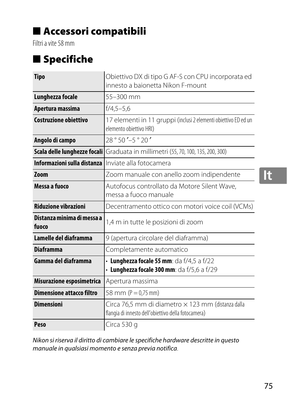 Accessori compatibili, Specifiche, Jp en de fr es sv ru nl it cz sk ro ua ck ch kr | Nikon 55-300 User Manual | Page 75 / 140