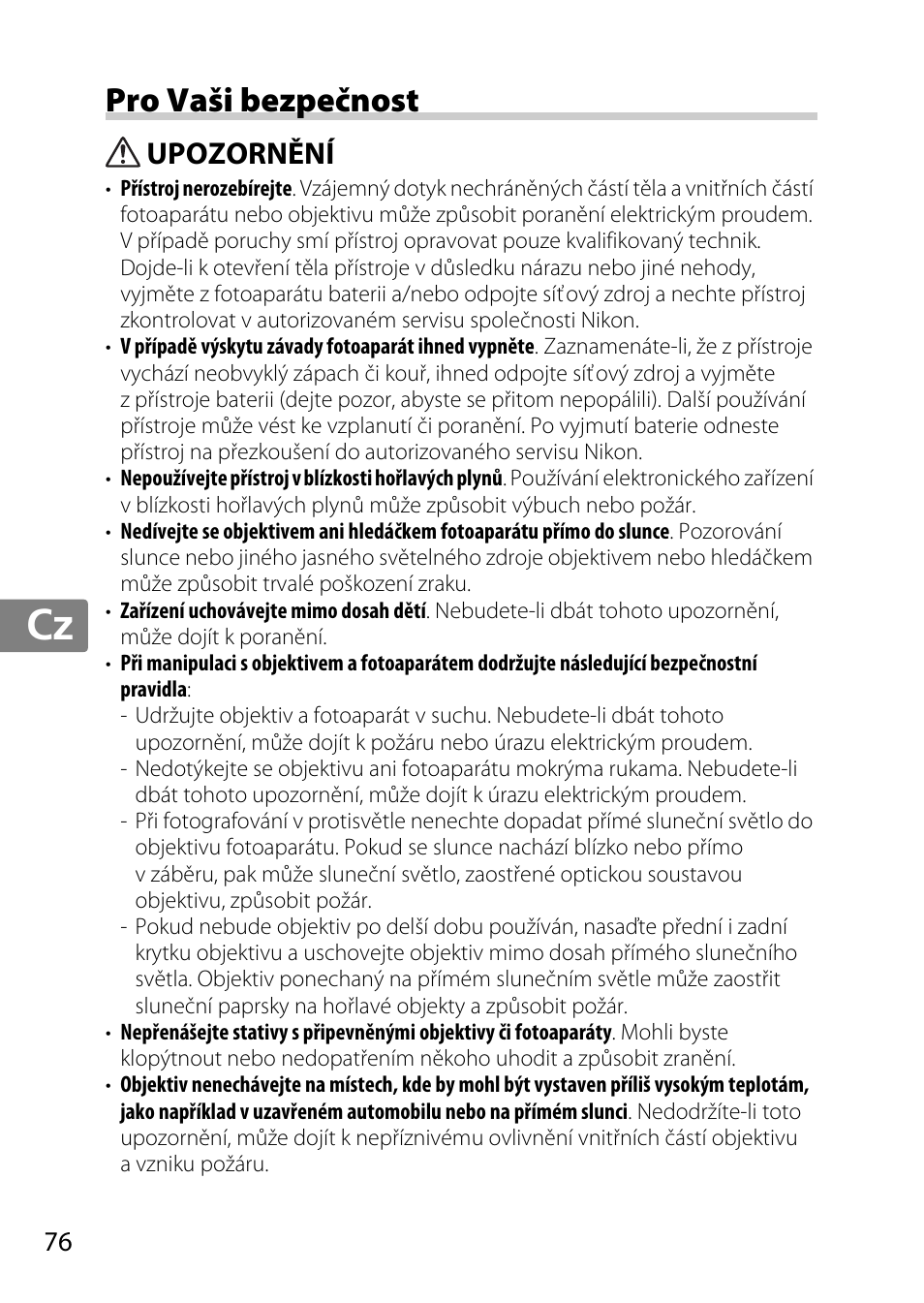 Pro vaši bezpečnost, Upozornění, Jp en de fr es sv ru nl it cz sk ro ua ck ch kr | Nikon 55-300 User Manual | Page 76 / 140