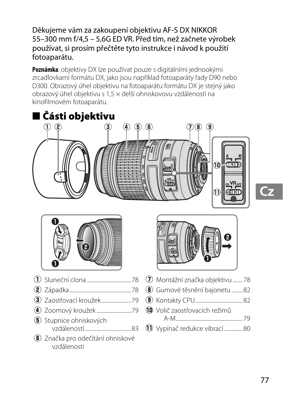 Části objektivu, Jp en de fr es sv ru nl it cz sk ro ua ck ch kr | Nikon 55-300 User Manual | Page 77 / 140