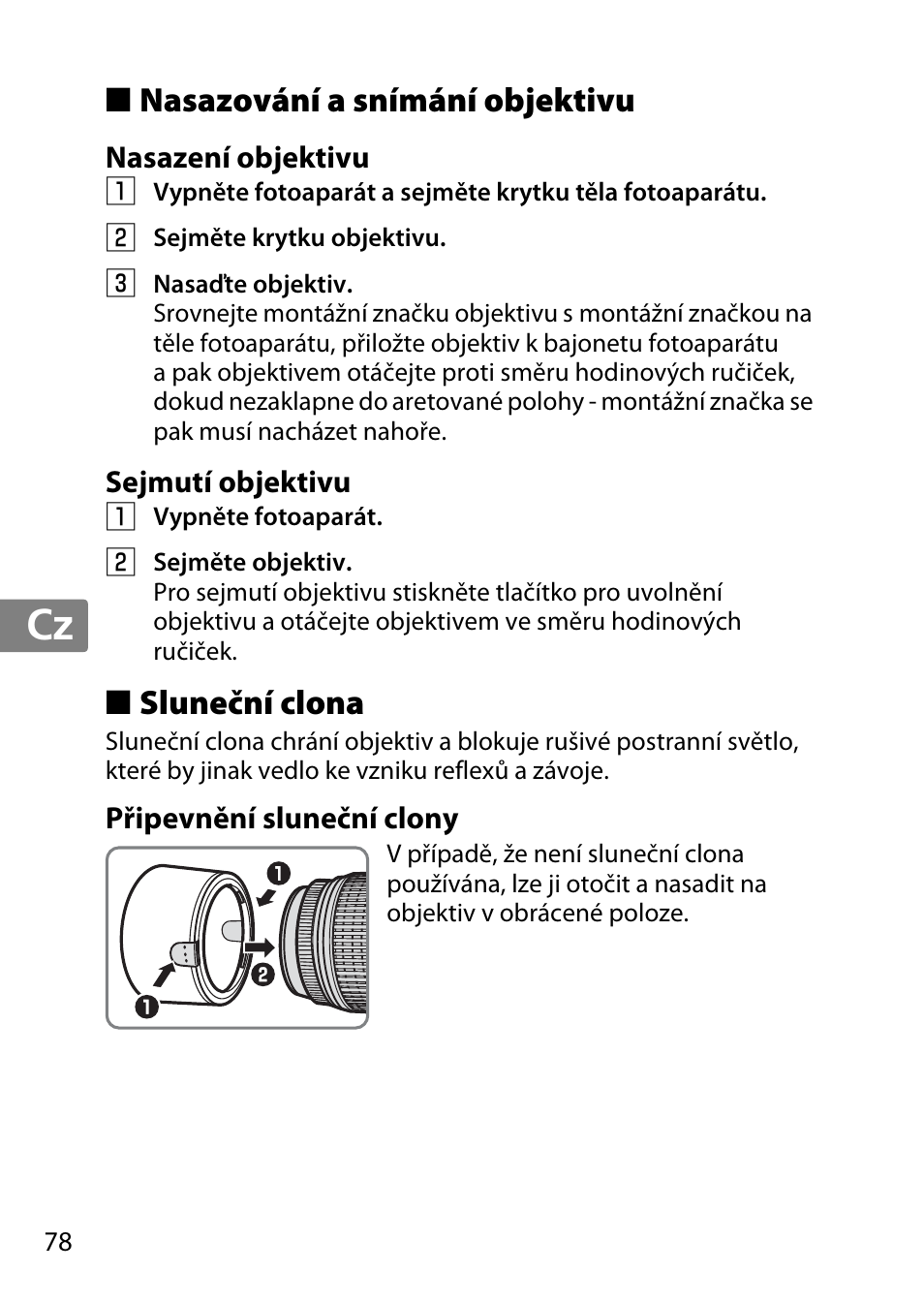 Nasazování a snímání objektivu, Nasazení objektivu, Sejmutí objektivu | Sluneční clona, Připevnění sluneční clony, Jp en de fr es sv ru nl it cz sk ro ua ck ch kr | Nikon 55-300 User Manual | Page 78 / 140