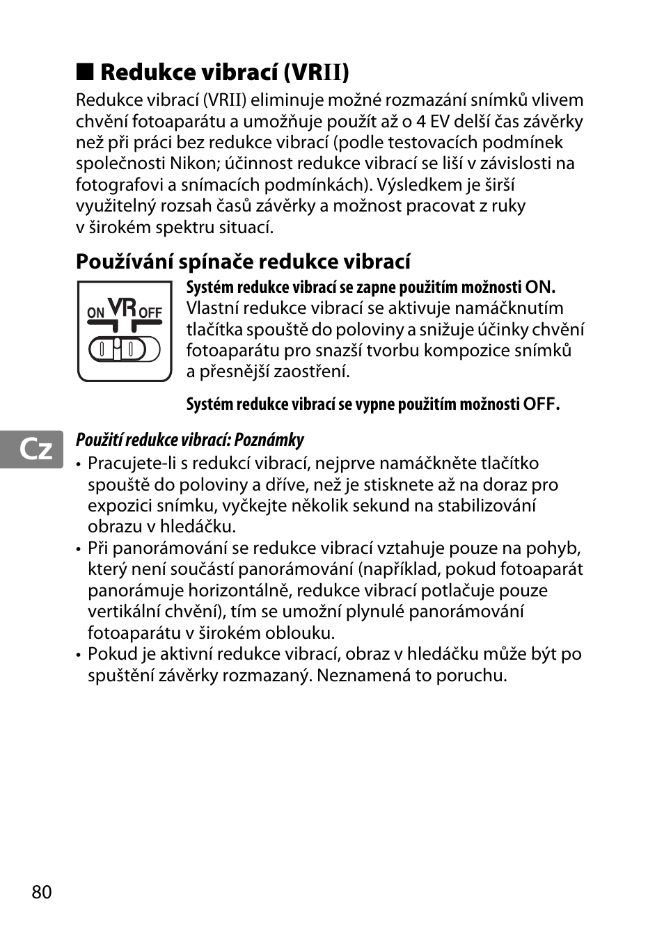 Redukce vibrací (vrii), Používání spínače redukce vibrací, Jp en de fr es sv ru nl it cz sk ro ua ck ch kr | Nikon 55-300 User Manual | Page 80 / 140