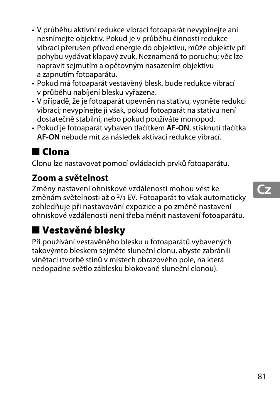 Clona, Zoom a světelnost, Vestavěné blesky | Jp en de fr es sv ru nl it cz sk ro ua ck ch kr | Nikon 55-300 User Manual | Page 81 / 140