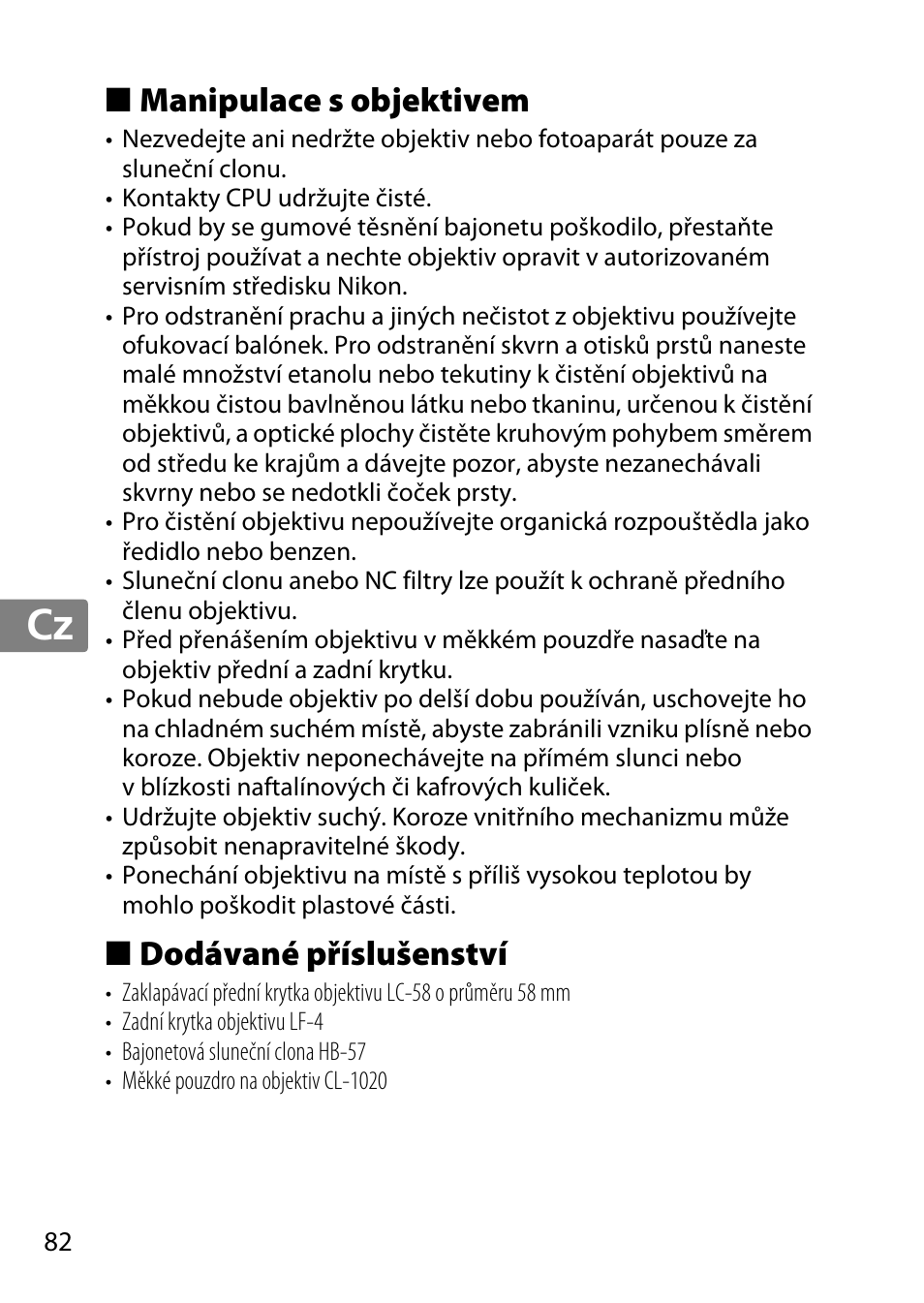 Manipulace s objektivem, Dodávané příslušenství, Jp en de fr es sv ru nl it cz sk ro ua ck ch kr | Nikon 55-300 User Manual | Page 82 / 140