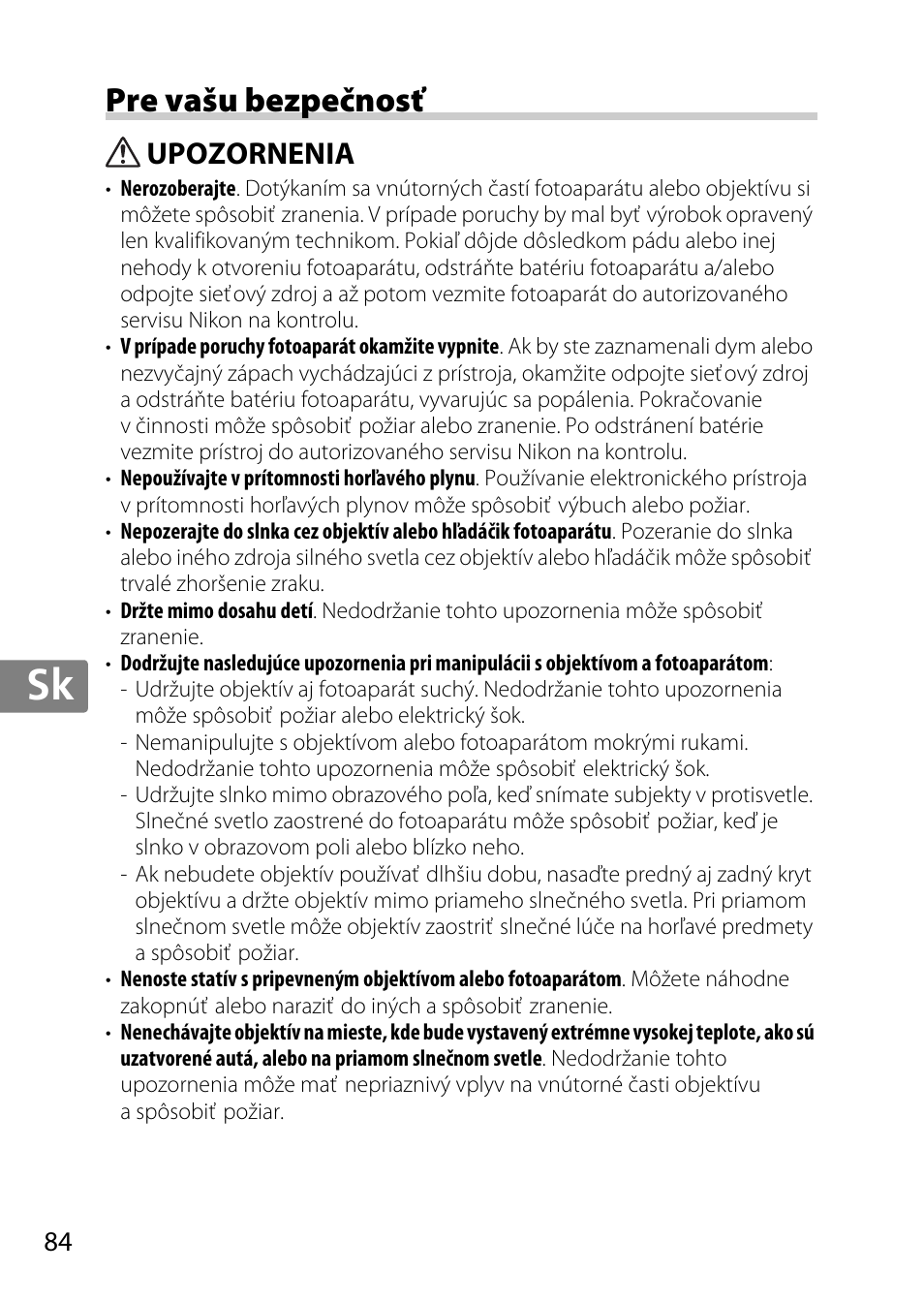 Pre vašu bezpečnosť, Upozornenia, Jp en de fr es sv ru nl it cz sk ro ua ck ch kr | Nikon 55-300 User Manual | Page 84 / 140