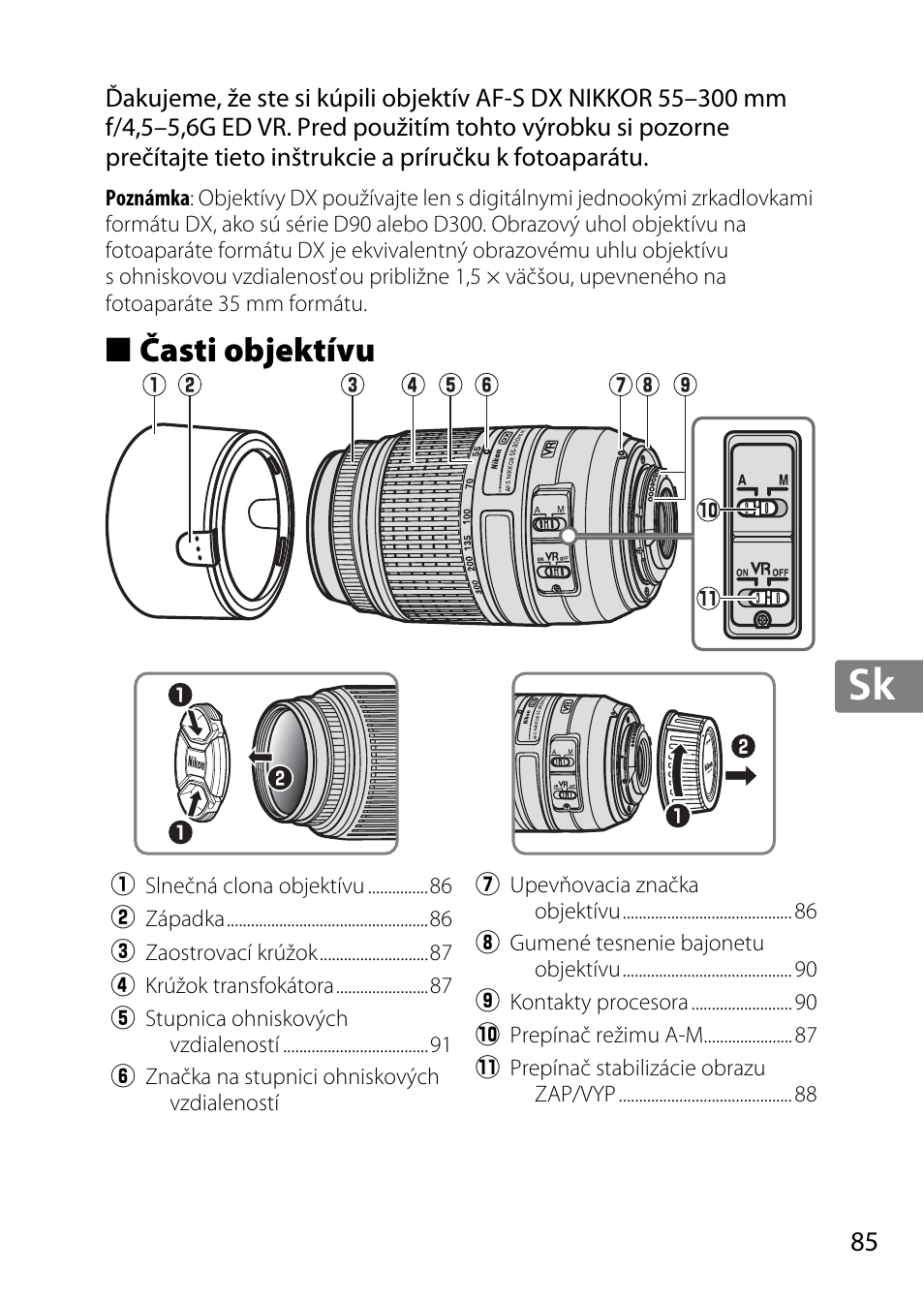 Časti objektívu, Jp en de fr es sv ru nl it cz sk ro ua ck ch kr | Nikon 55-300 User Manual | Page 85 / 140