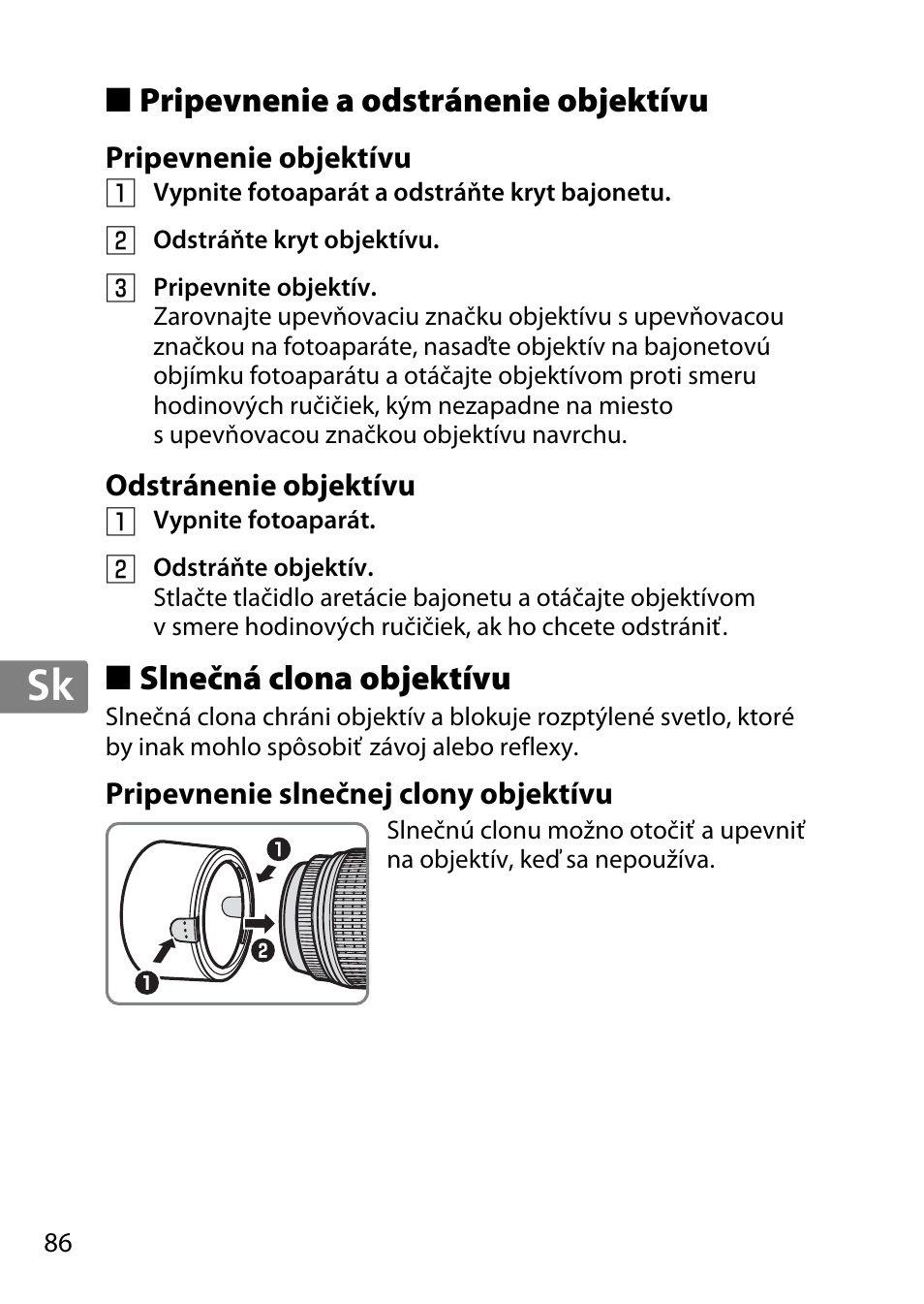 Pripevnenie a odstránenie objektívu, Pripevnenie objektívu, Odstránenie objektívu | Slnečná clona objektívu, Pripevnenie slnečnej clony objektívu, Jp en de fr es sv ru nl it cz sk ro ua ck ch kr | Nikon 55-300 User Manual | Page 86 / 140