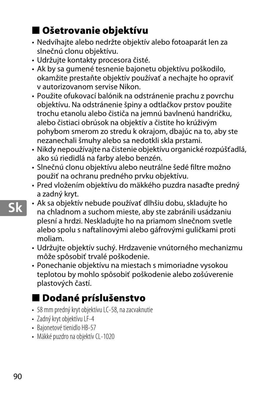 Ošetrovanie objektívu, Dodané príslušenstvo, Jp en de fr es sv ru nl it cz sk ro ua ck ch kr | Nikon 55-300 User Manual | Page 90 / 140