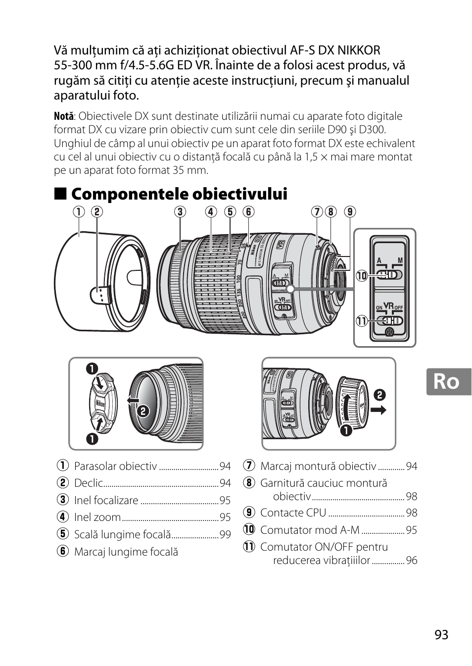 Componentele obiectivului, Jp en de fr es sv ru nl it cz sk ro ua ck ch kr | Nikon 55-300 User Manual | Page 93 / 140