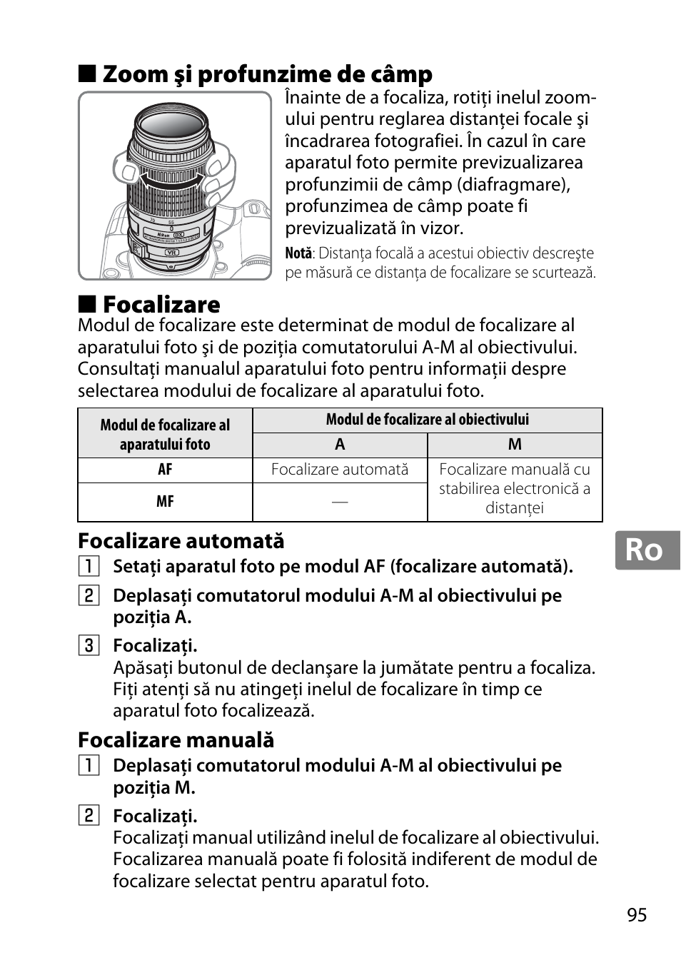 Zoom şi profunzime de câmp, Focalizare, Focalizare automată | Focalizare manuală, Jp en de fr es sv ru nl it cz sk ro ua ck ch kr, Zoom şi profunzime de câmp ■ focalizare, Focalizare automată focalizare manuală | Nikon 55-300 User Manual | Page 95 / 140