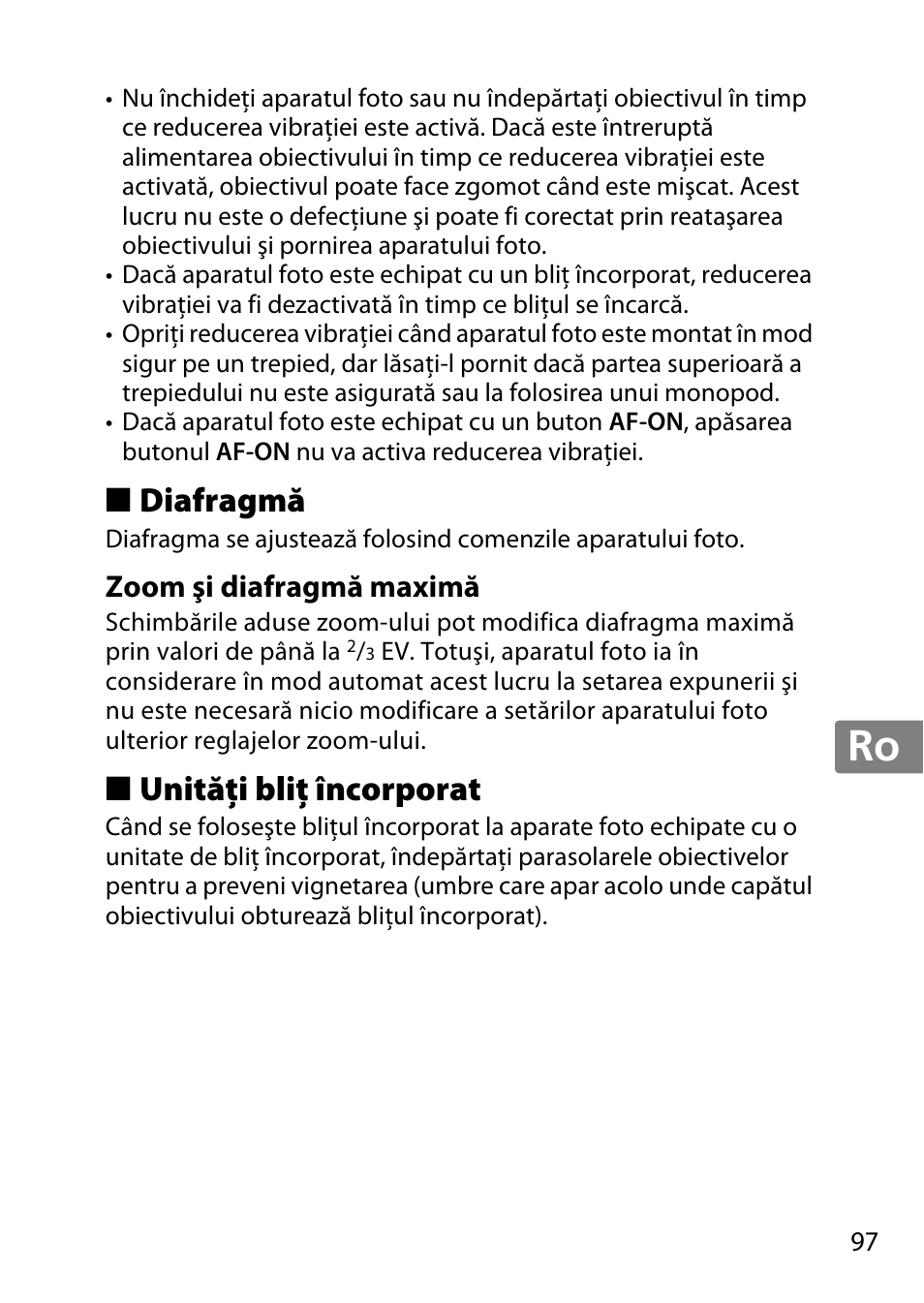 Diafragmă, Zoom şi diafragmă maximă, Unităţi bliţ încorporat | Jp en de fr es sv ru nl it cz sk ro ua ck ch kr | Nikon 55-300 User Manual | Page 97 / 140