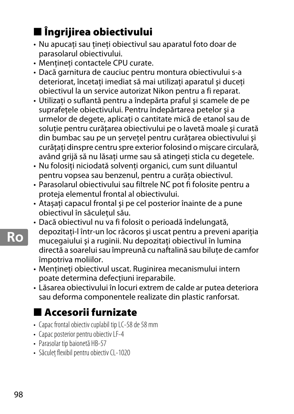 Îngrijirea obiectivului, Accesorii furnizate, Jp en de fr es sv ru nl it cz sk ro ua ck ch kr | Nikon 55-300 User Manual | Page 98 / 140