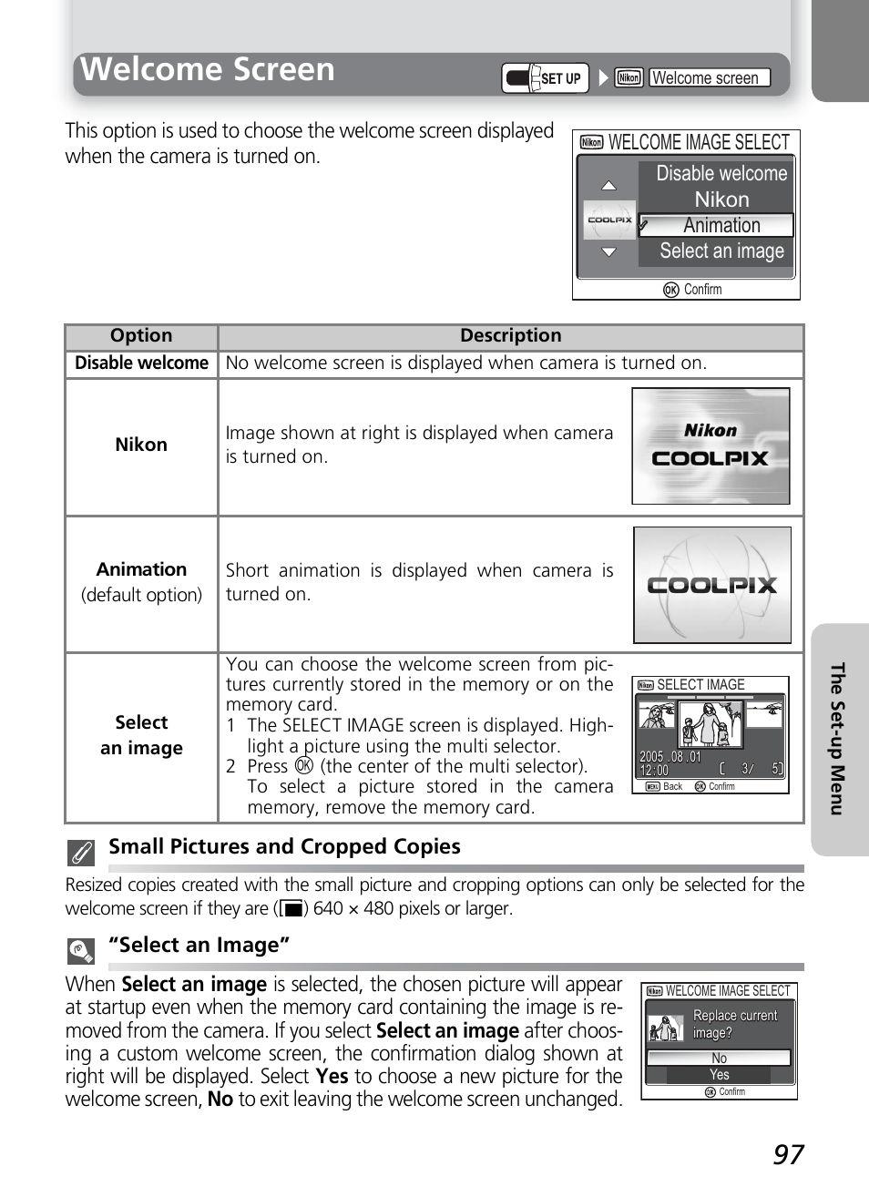 Welcome screen, Disable welcome nikon animation select an image, Welcome image select | Nikon 7600 User Manual | Page 107 / 140