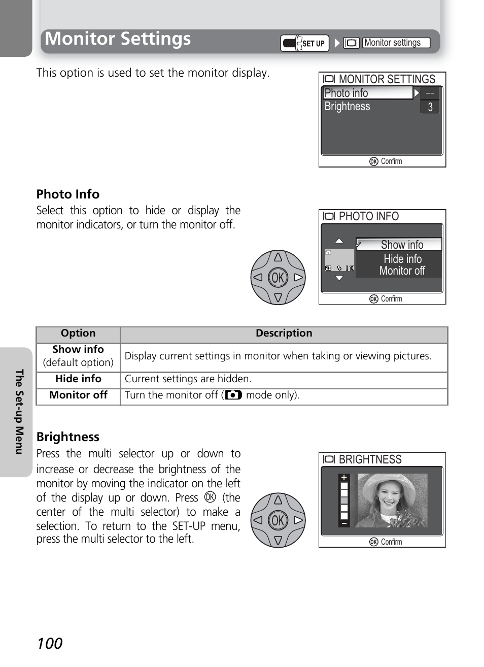 Monitor settings, Photo info, Brightness | Nikon 7600 User Manual | Page 110 / 140