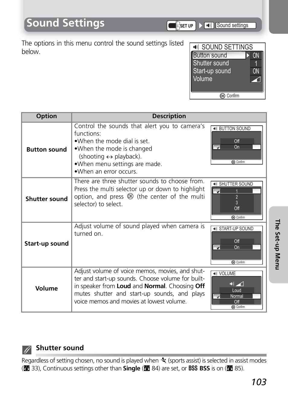 Sound settings, Start-up sound volume 1 on on | Nikon 7600 User Manual | Page 113 / 140