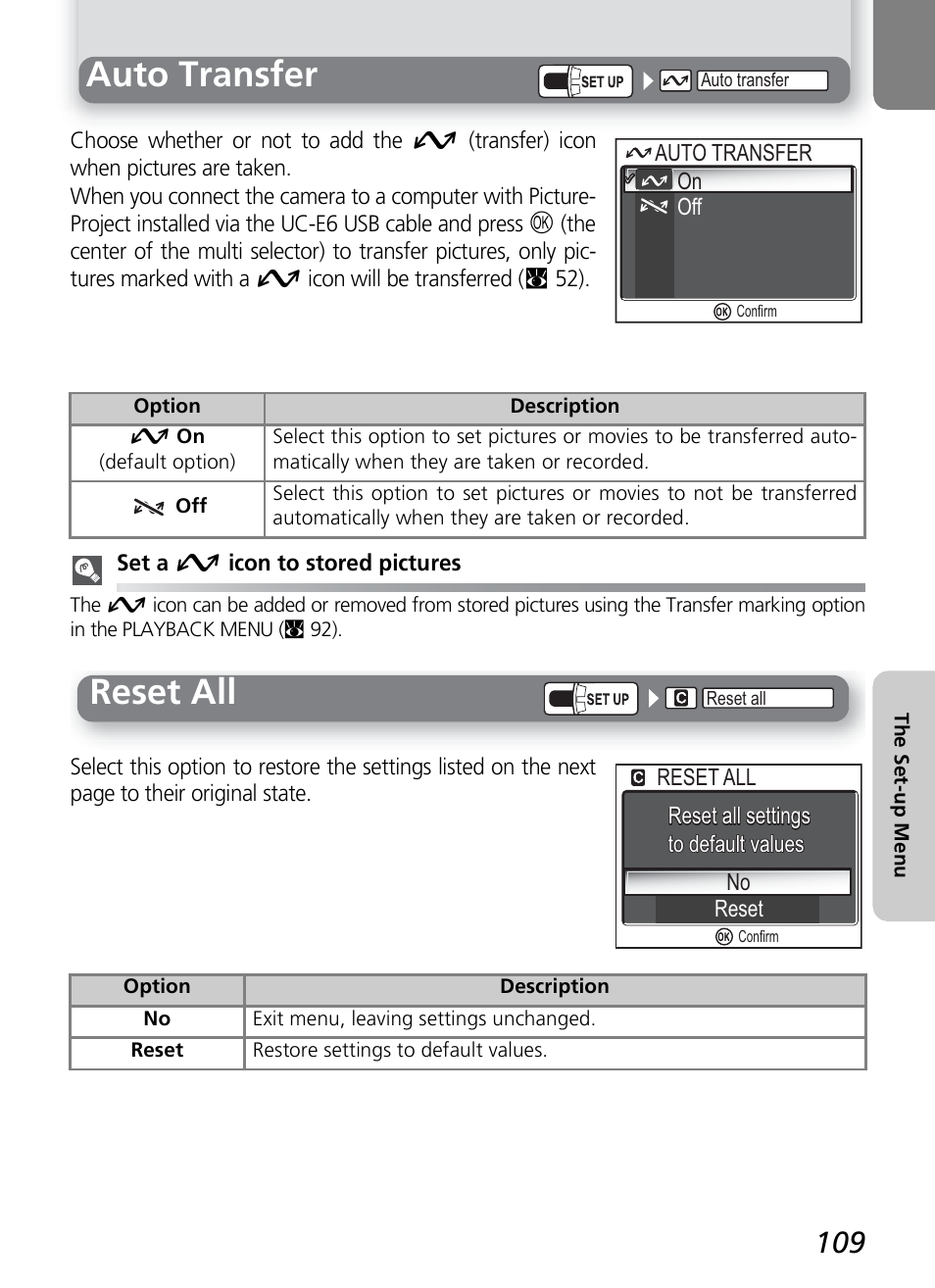 Auto transfer, Reset all | Nikon 7600 User Manual | Page 119 / 140