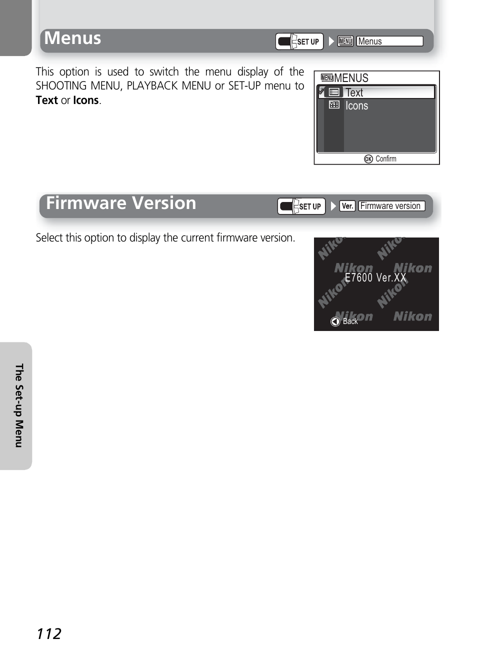 Menus, Firmware version | Nikon 7600 User Manual | Page 122 / 140