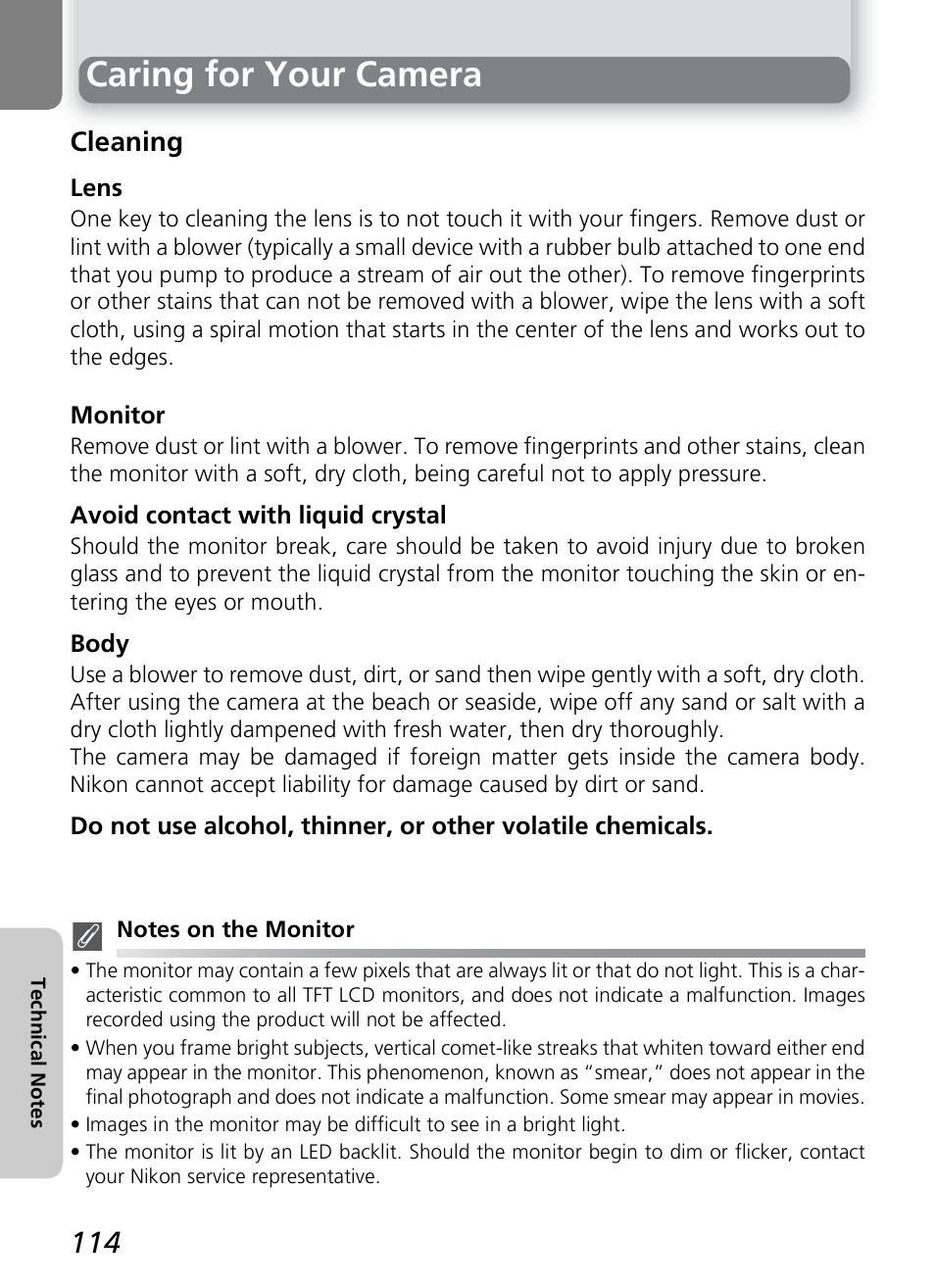 Caring for your camera, Cleaning | Nikon 7600 User Manual | Page 124 / 140