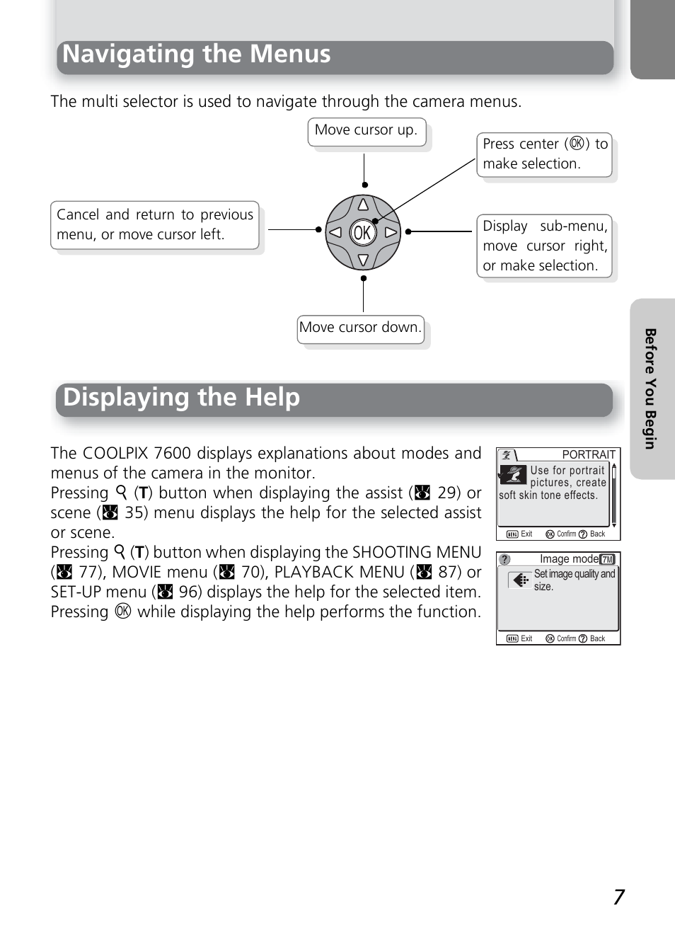 Navigating the menus, Displaying the help | Nikon 7600 User Manual | Page 17 / 140