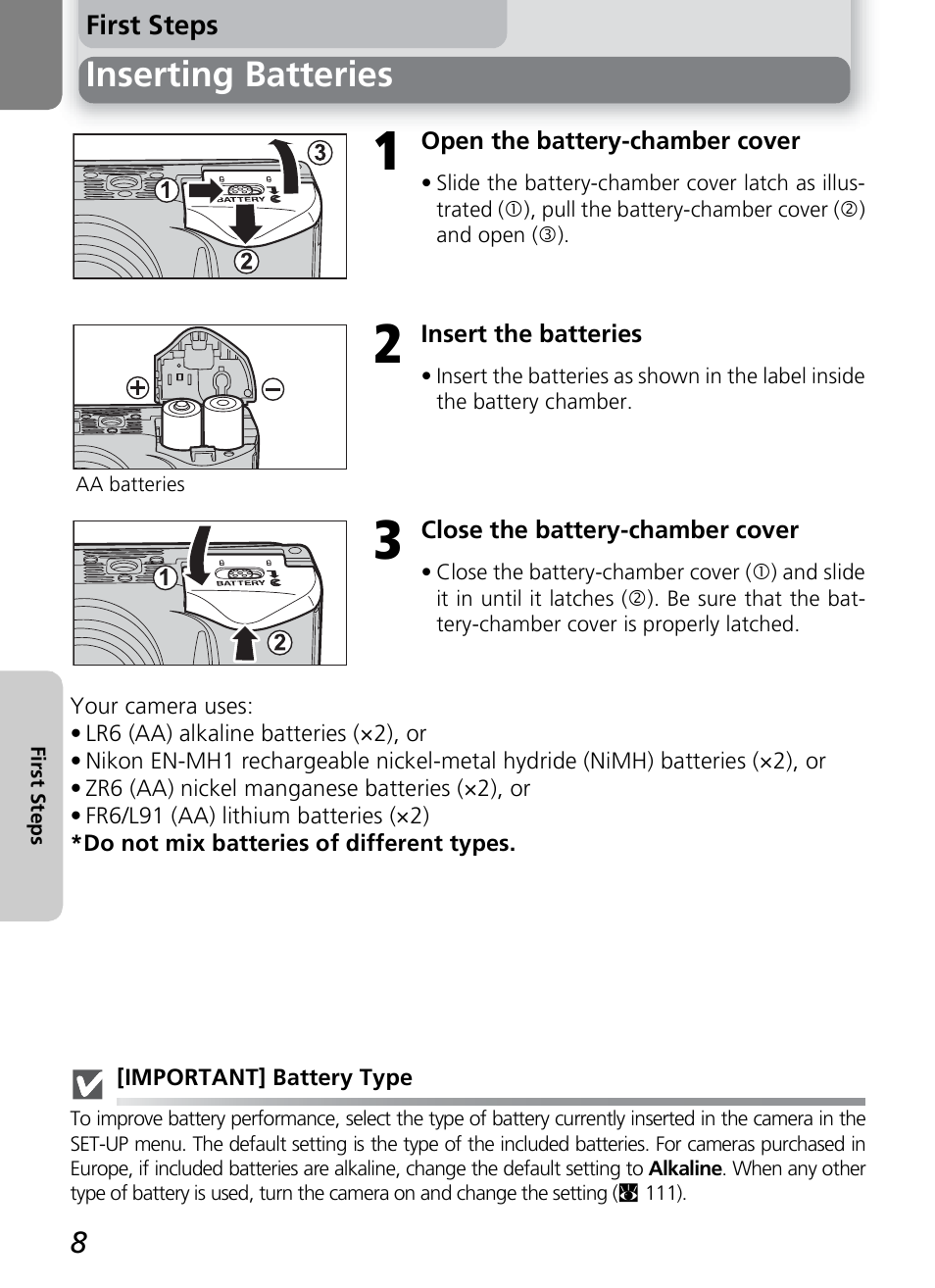 Inserting batteries | Nikon 7600 User Manual | Page 18 / 140