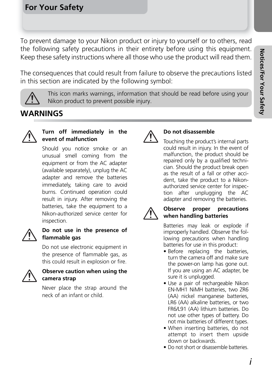 For your safety, Warnings | Nikon 7600 User Manual | Page 3 / 140